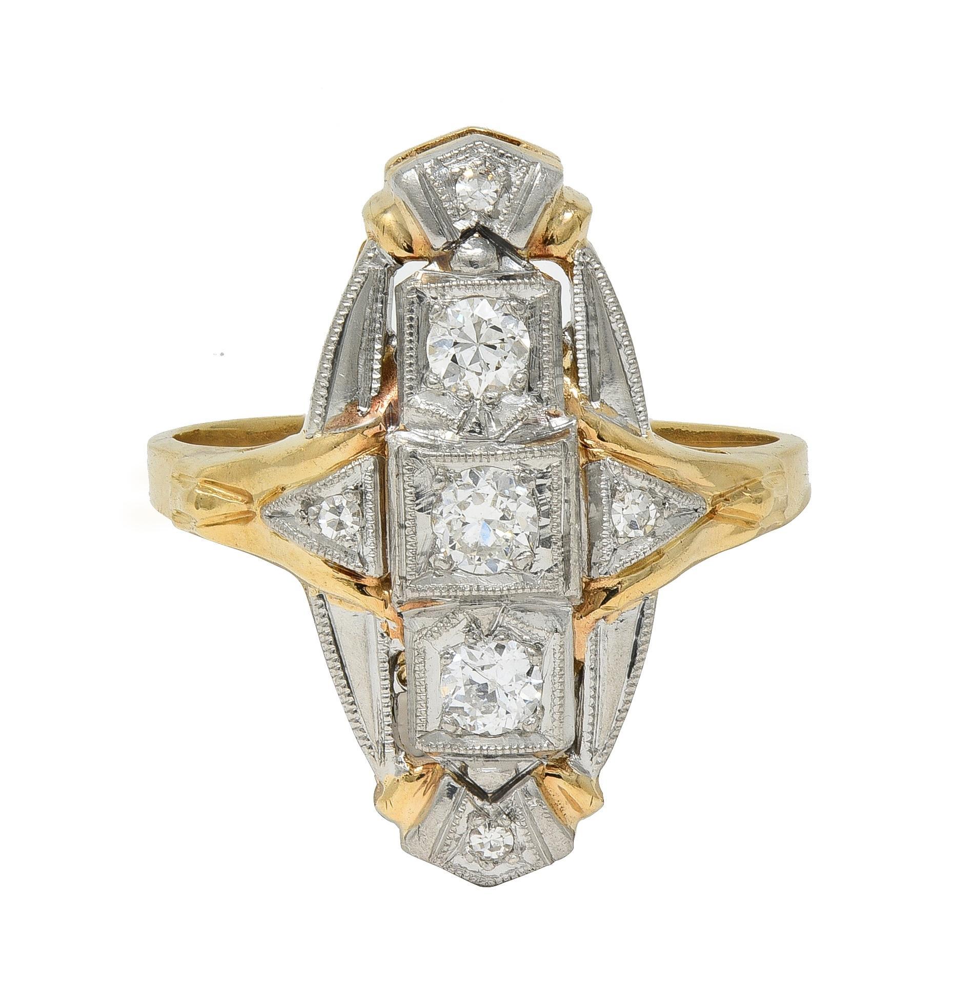 Art Deco Diamond Platinum 14 Karat Yellow Gold Vintage Navette Dinner Ring