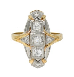 Art Deco Diamond Platinum 14 Karat Yellow Gold Vintage Navette Dinner Ring