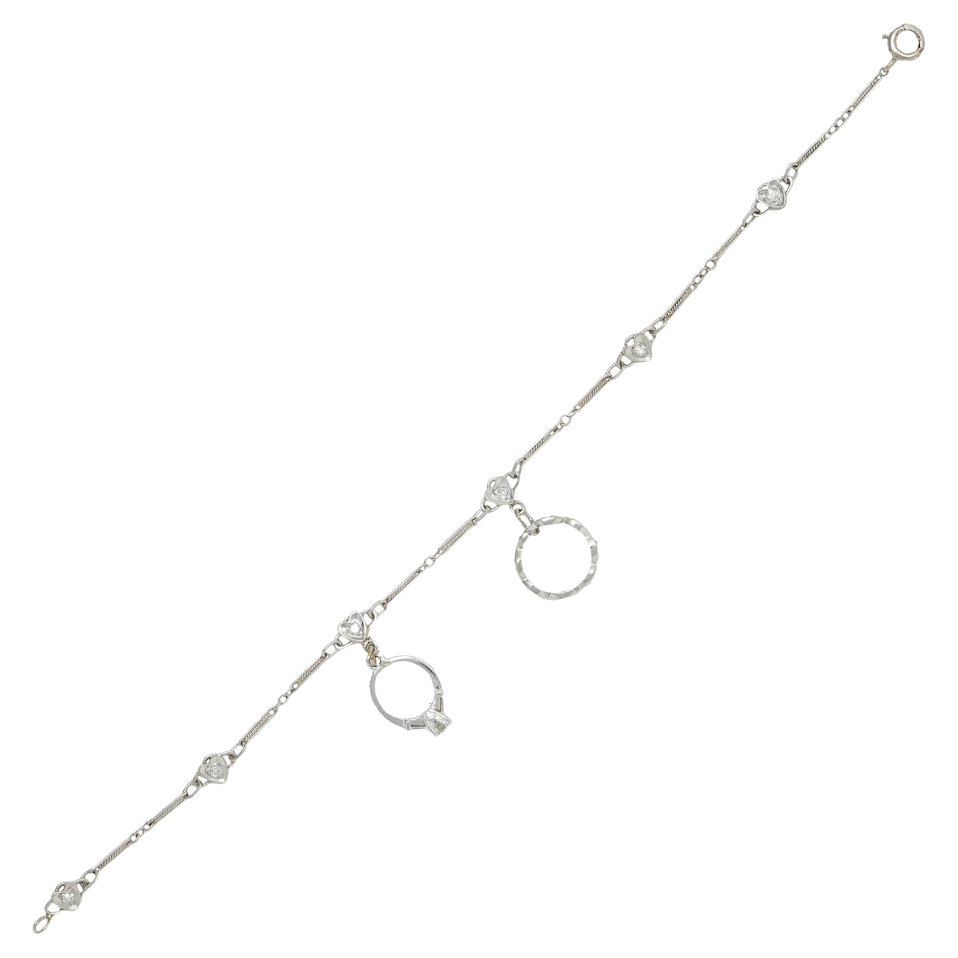 Art Deco Diamond Platinum 14K Gold Heart Wedding Engagement Charm Bracelet For Sale