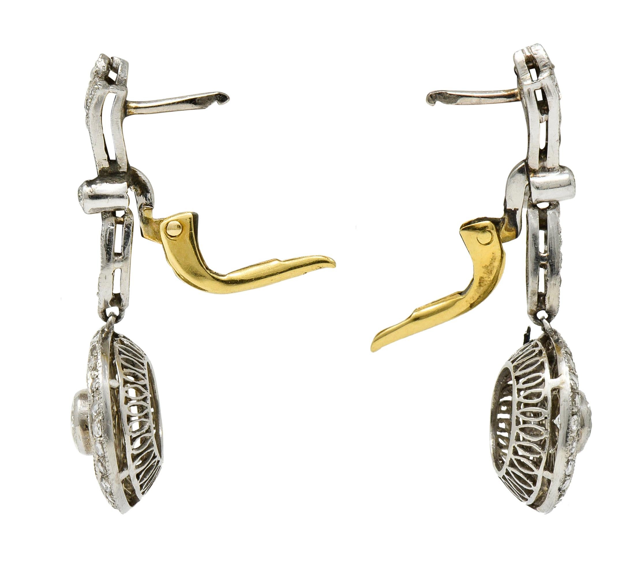 Art Deco Diamond Platinum 18 Karat Gold Drop Earrings In Excellent Condition In Philadelphia, PA