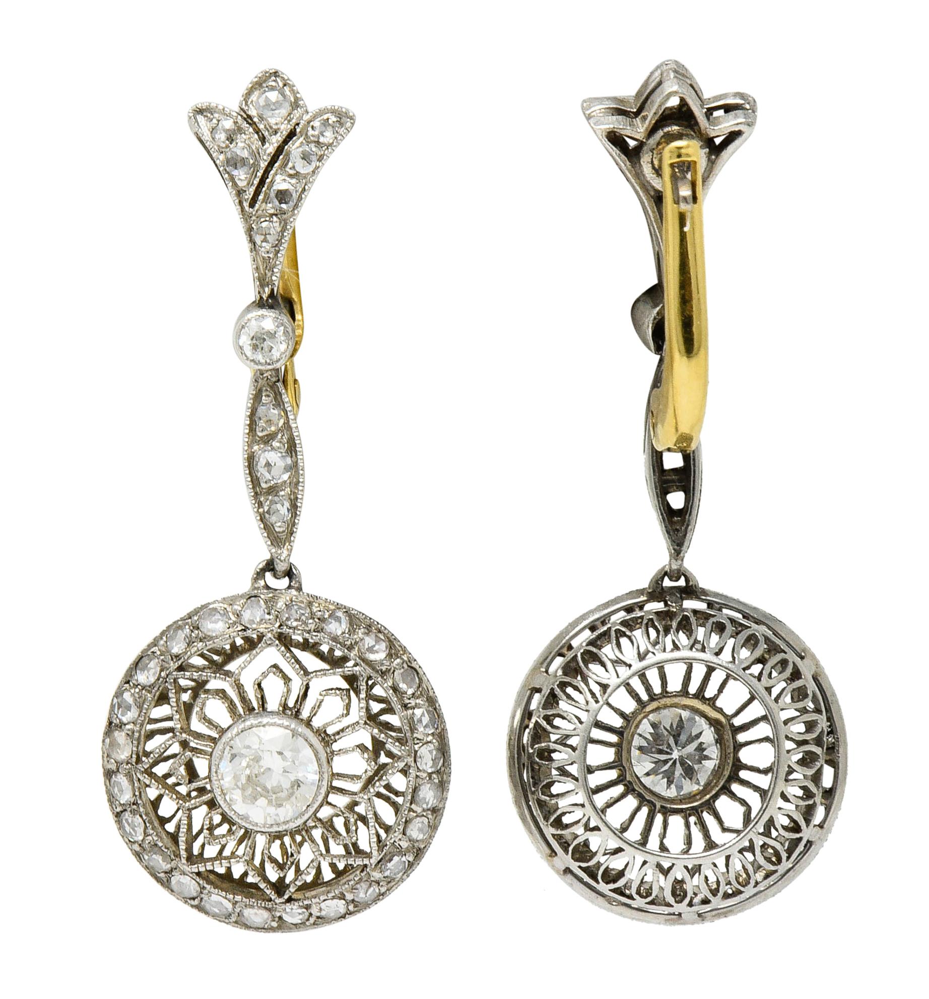 Women's or Men's Art Deco Diamond Platinum 18 Karat Gold Drop Earrings