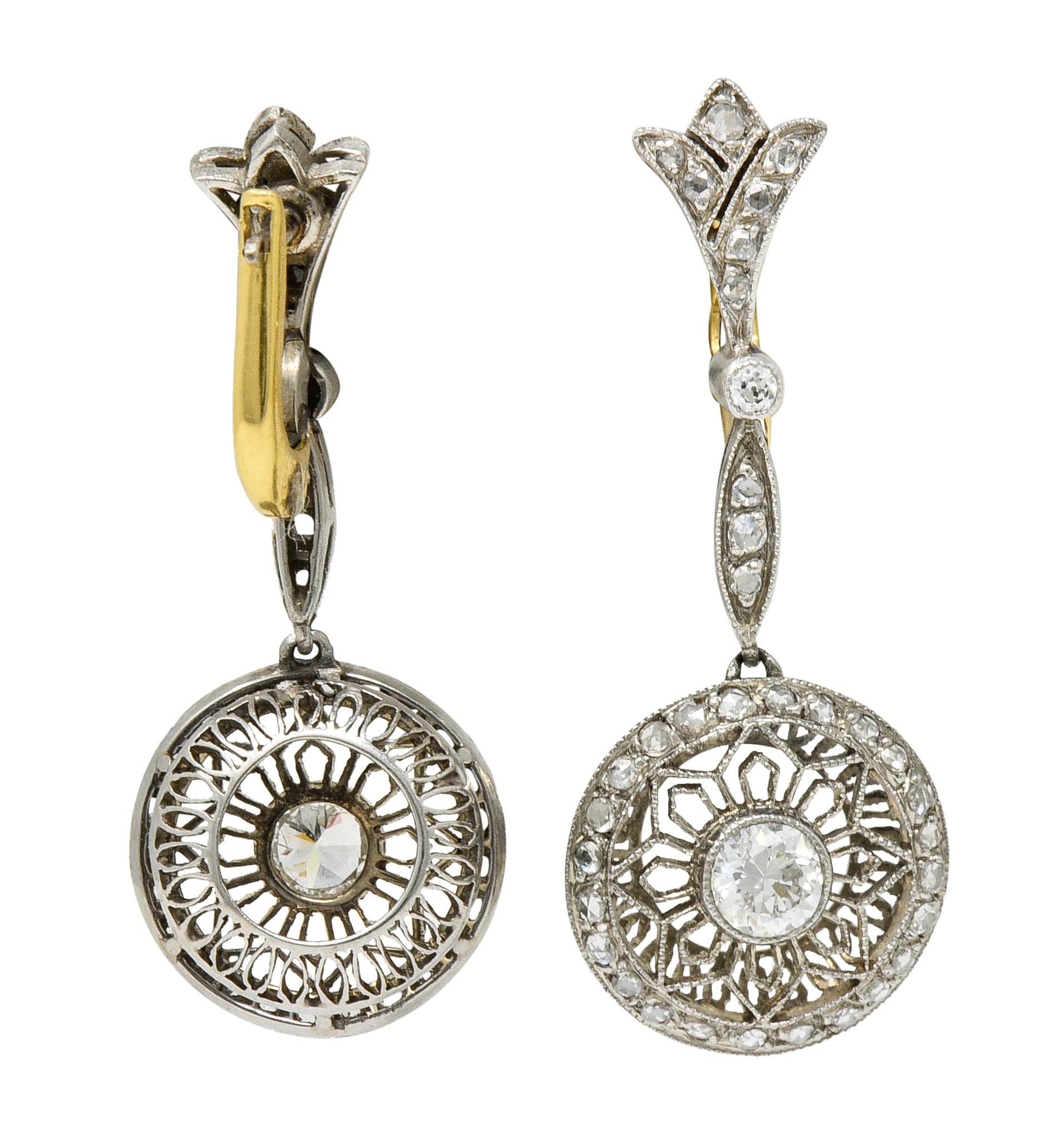 Art Deco Diamond Platinum 18 Karat Gold Drop Earrings 1