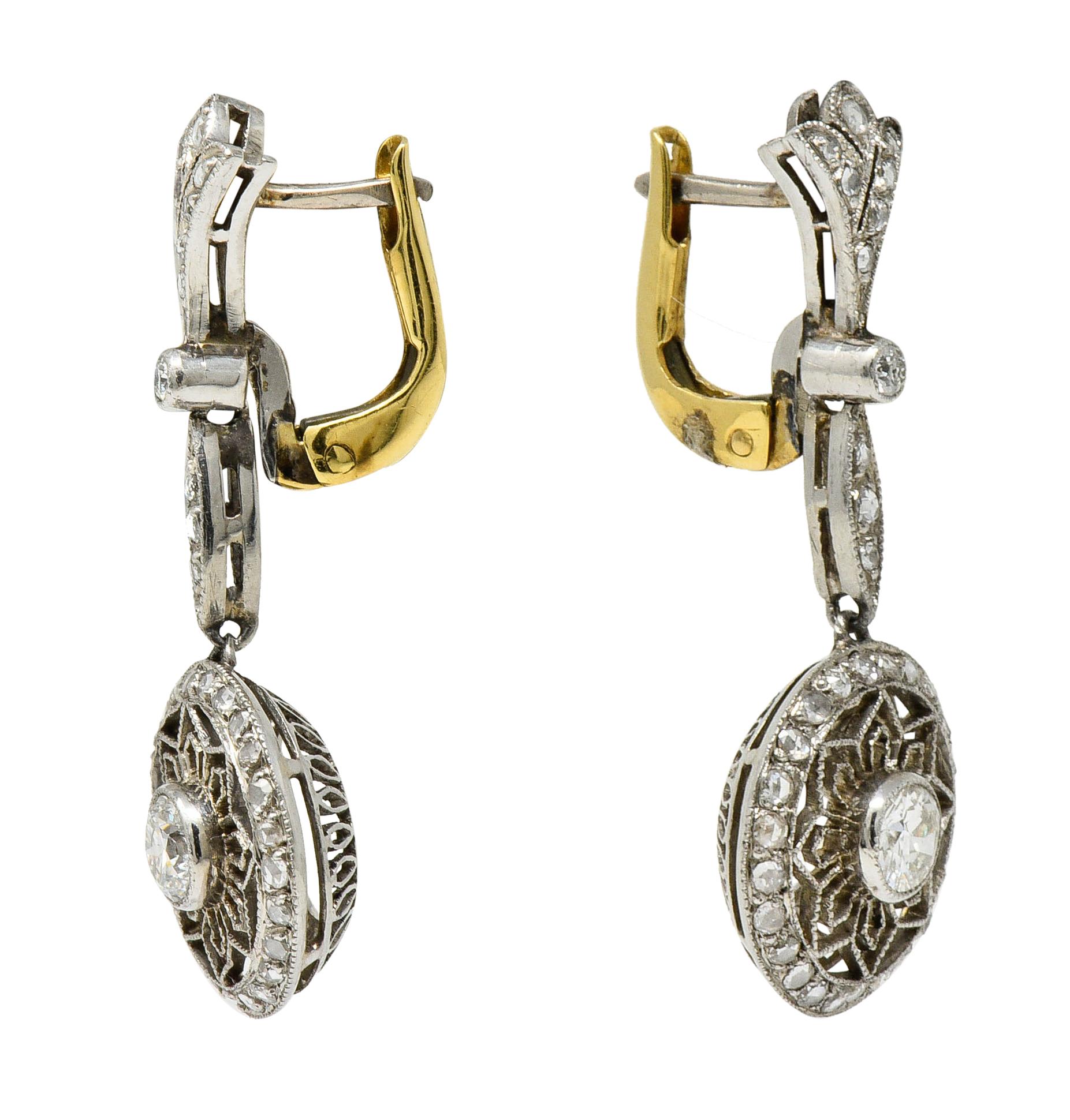 Art Deco Diamond Platinum 18 Karat Gold Drop Earrings 2