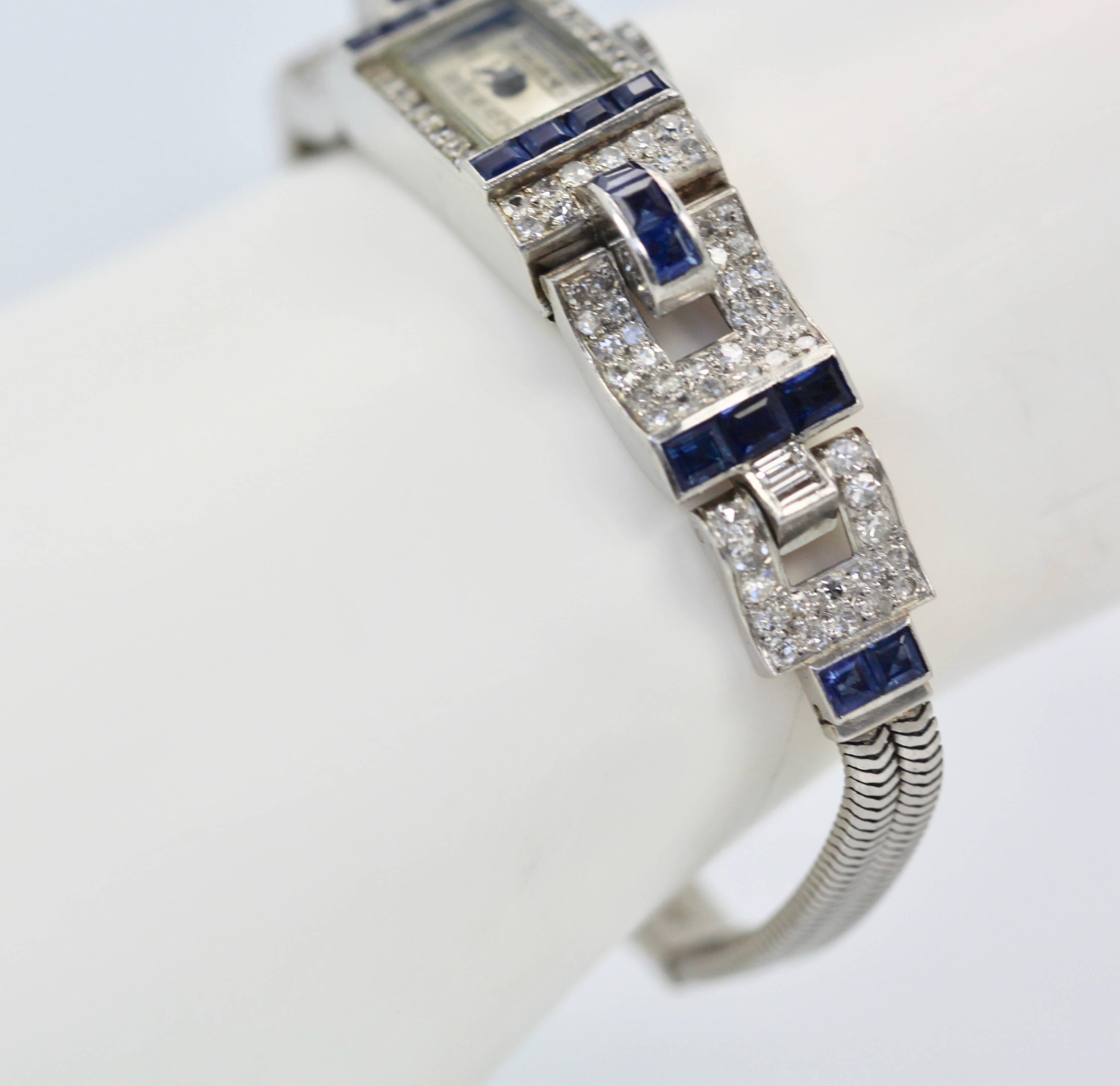 Ladies Platinum Diamond Sapphire Bracelet Wristwatch, circa 1935 4