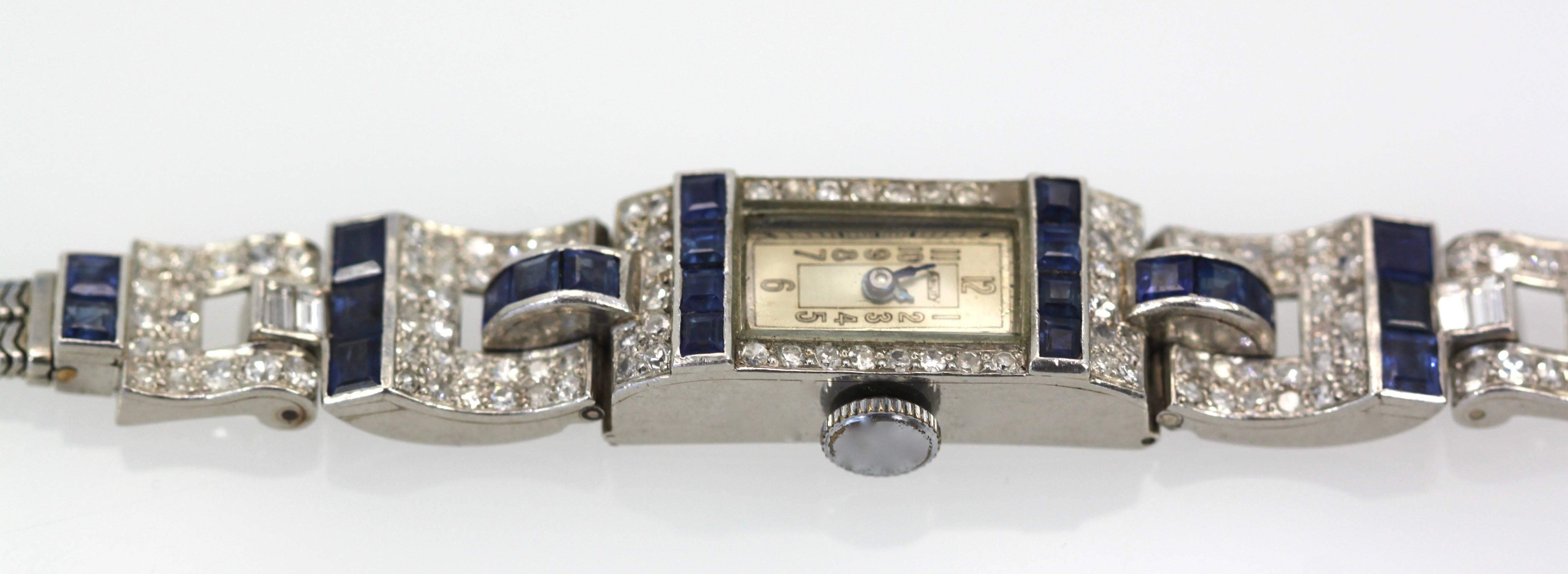 Art Deco Ladies Platinum Diamond Sapphire Bracelet Wristwatch, circa 1935