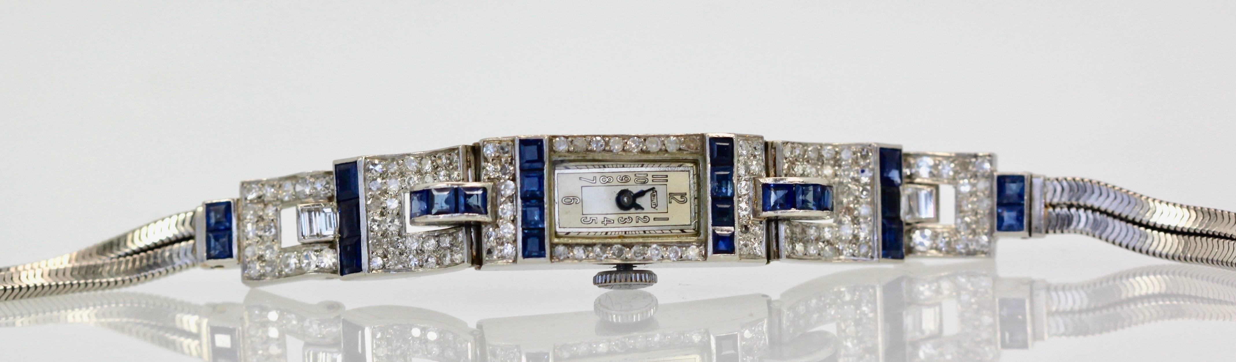 Round Cut Ladies Platinum Diamond Sapphire Bracelet Wristwatch, circa 1935