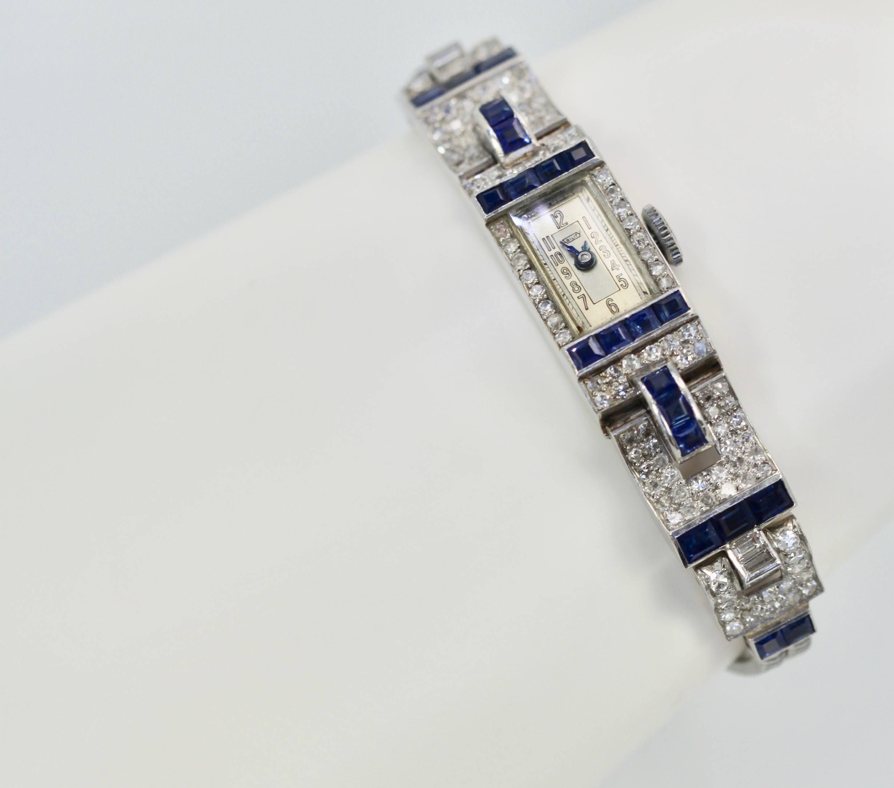 Women's Ladies Platinum Diamond Sapphire Bracelet Wristwatch, circa 1935