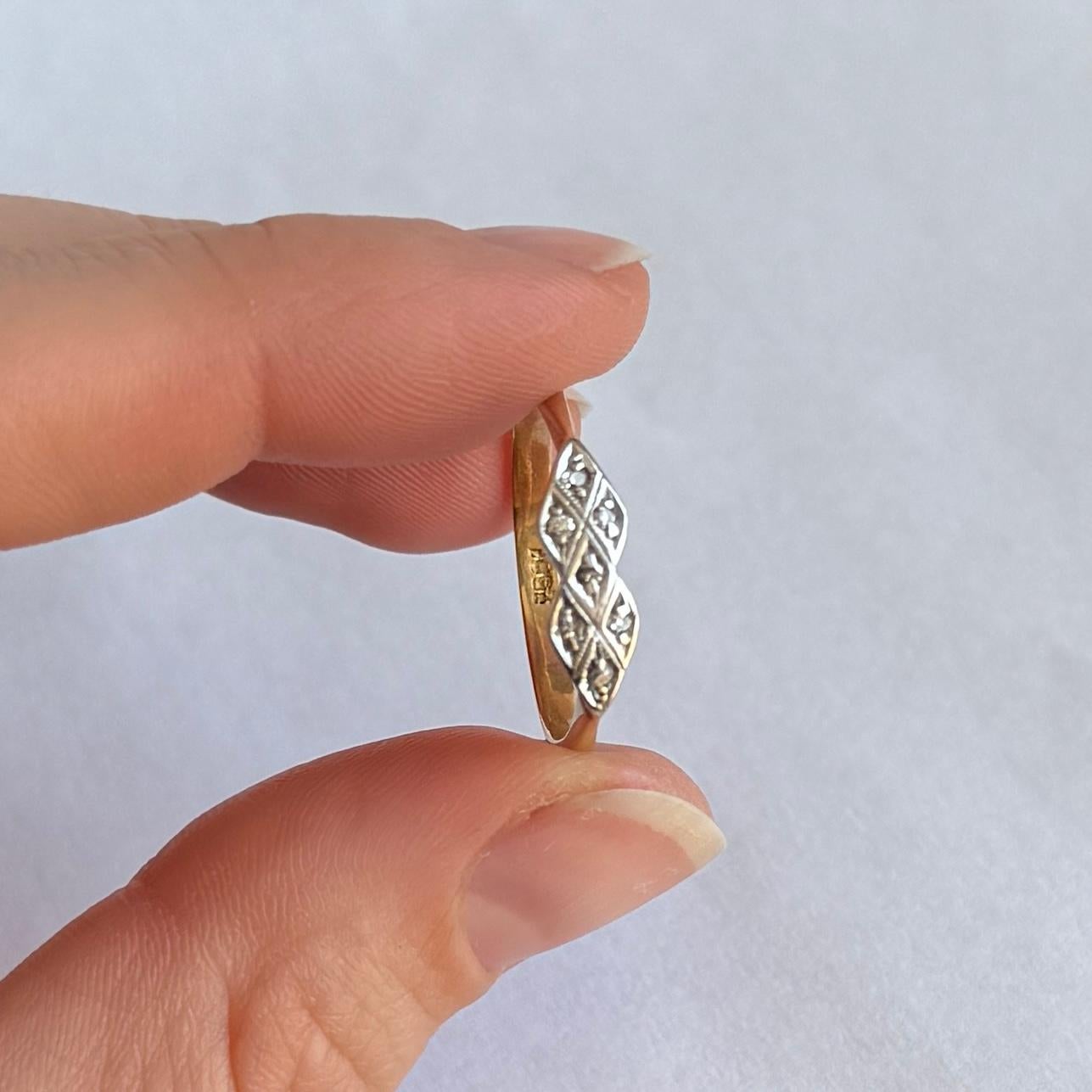 Art Deco Diamond Platinum and 18 Carat Gold Panel Cluster Ring In Good Condition For Sale In Chipping Campden, GB