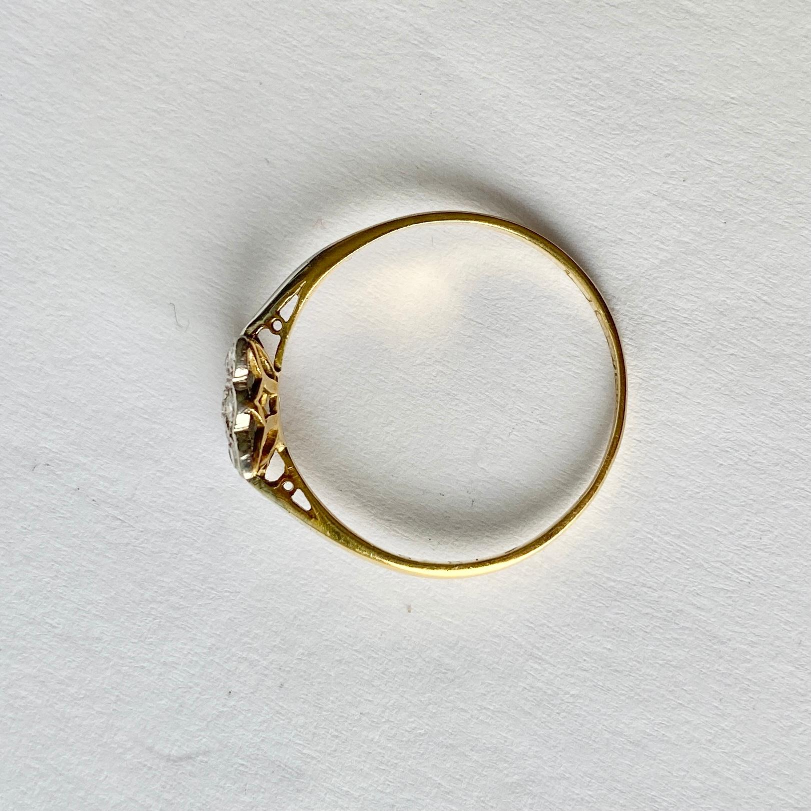 Round Cut Art Deco Diamond Platinum and 18 Carat Gold Panel Ring For Sale