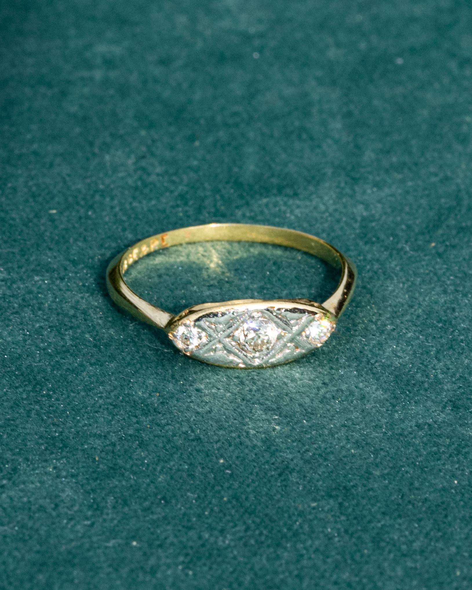 Art Deco Diamond, Platinum and 18 Carat Gold Three-Stone Ring at 1stDibs