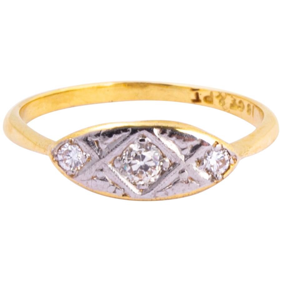 Art Deco Diamond, Platinum and 18 Carat Gold Three-Stone Ring