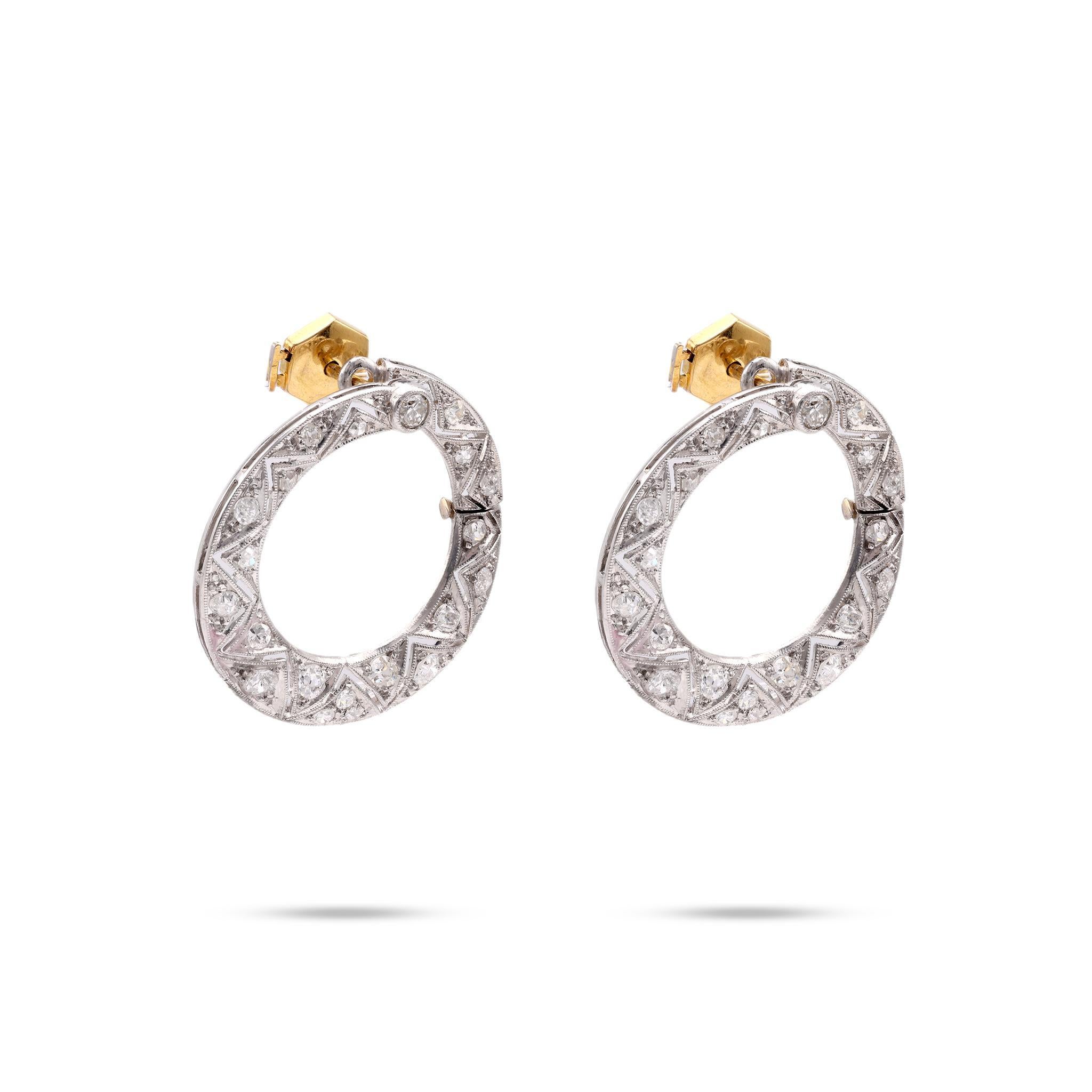 Taille brillant Créoles Art déco en platine et or jaune 18 carats