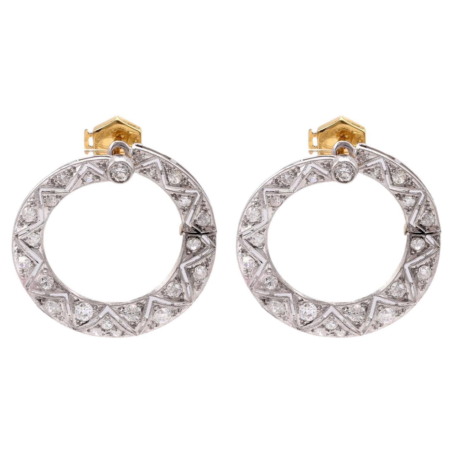 Art Deco Diamond Platinum and 18K Yellow Gold Hoop Earrings