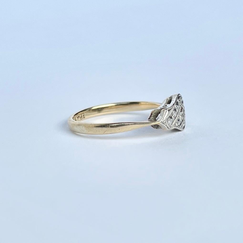 Art Deco Diamond Platinum and 9 Carat Gold Panel Cluster Ring In Good Condition For Sale In Chipping Campden, GB