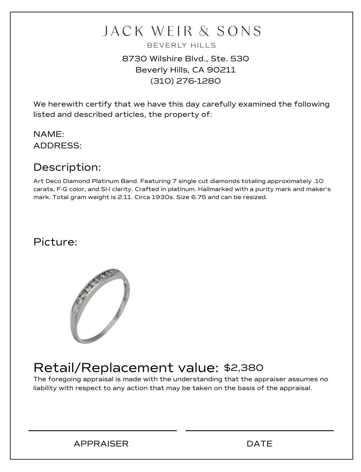 Art Deco Diamant Platinband im Zustand „Gut“ im Angebot in Beverly Hills, CA