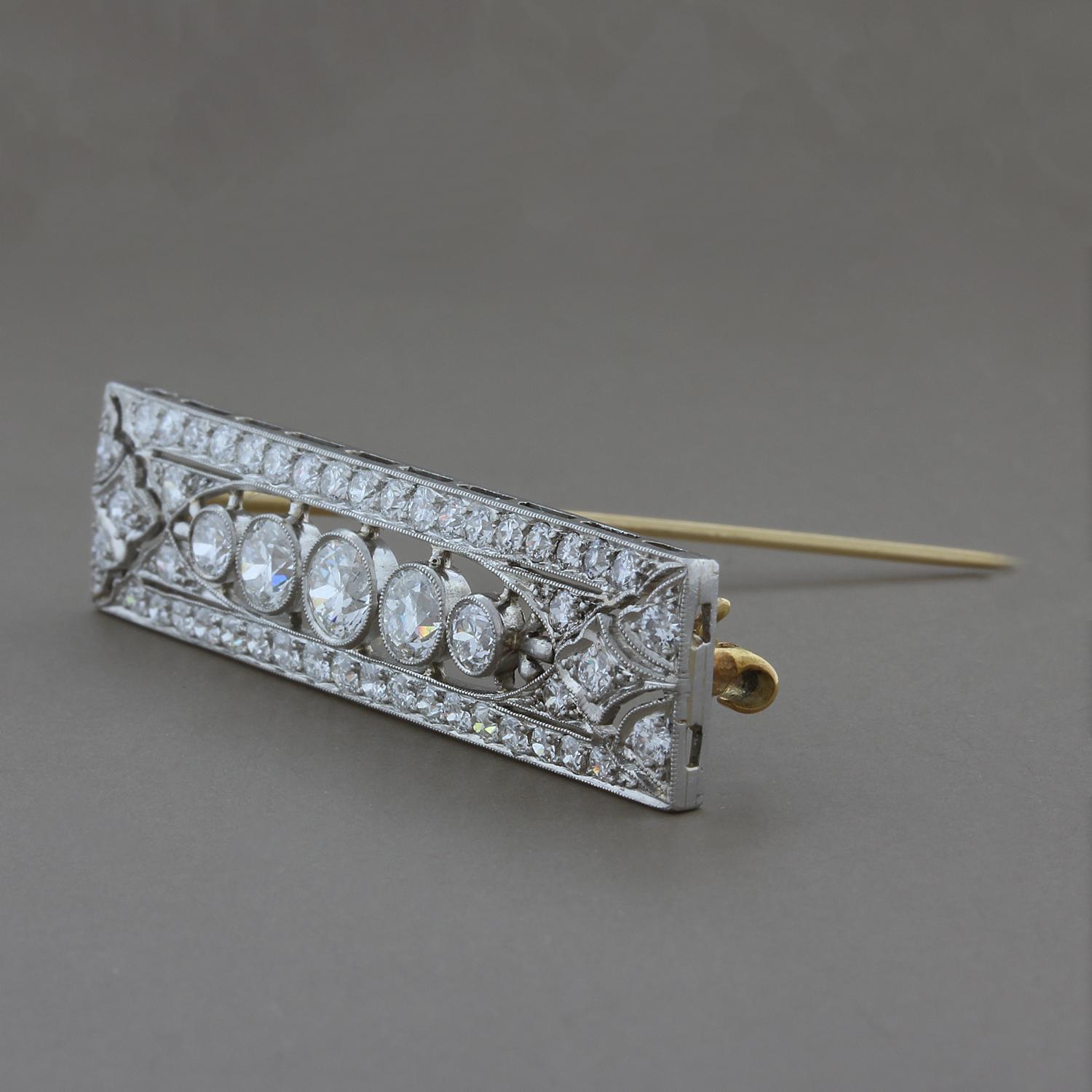 Old European Cut Art Deco Style Diamond Platinum Bar Pin Brooch For Sale