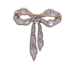 Art Deco Diamond Platinum Bow Pin Brooch Vintage Old European Cut Diamonds