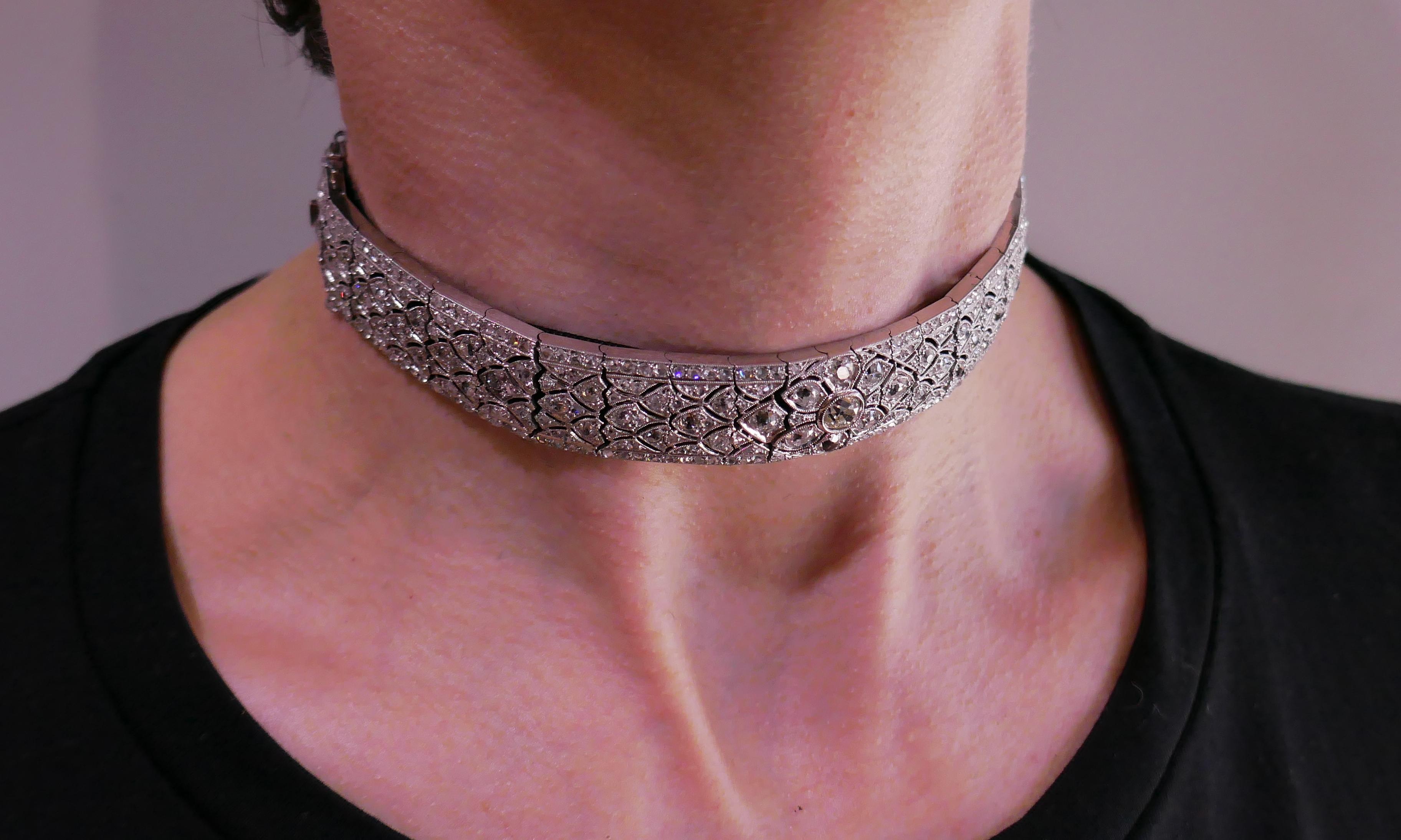 Art Deco Diamond Platinum Bracelet Choker Necklace Stamped CT French For Sale 2
