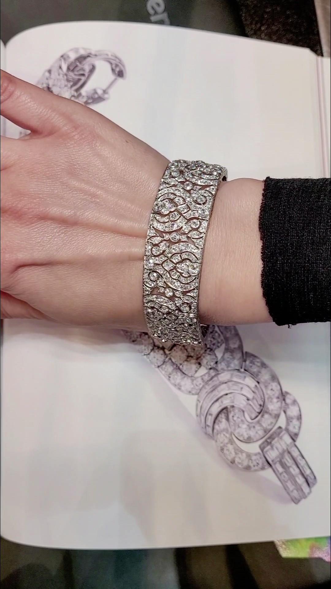 Art Deco style is characterized by bold geometry and decadent detail work. 
Dated back to 1920-40s, the style still brings in glamour, luxury, along with 
symmetrical designs.
This elegant bracelet made in 1930s features 450 old-cut diamonds