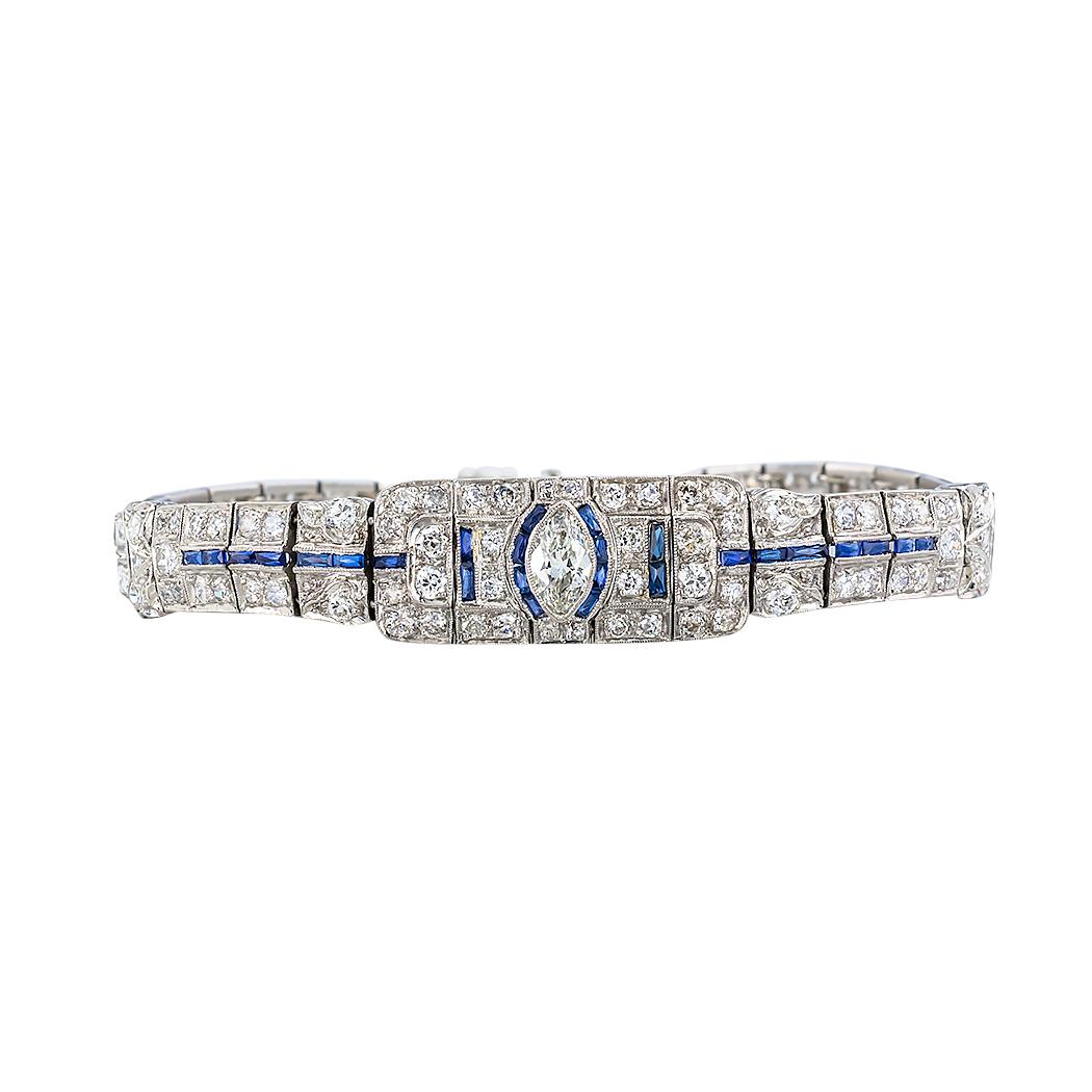 Art Deco Diamond Sapphire Platinum Bracelet In Good Condition In Los Angeles, CA