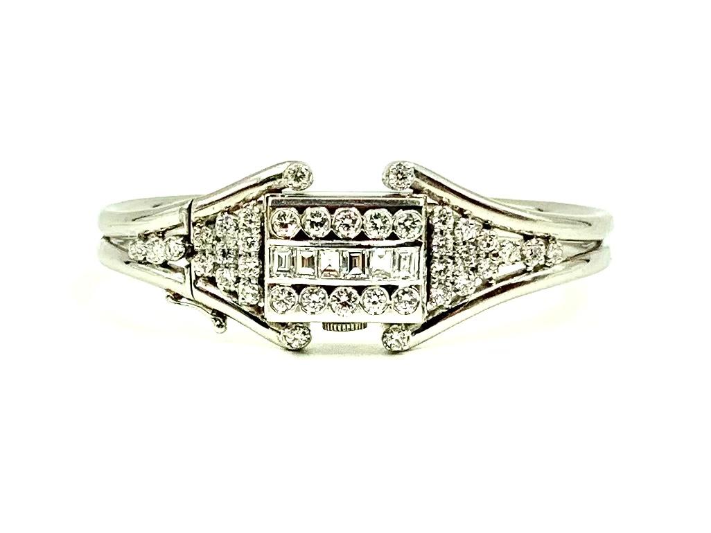 Art Deco Diamond Platinum Bracelet with Concealed Miniature Hamilton Watch For Sale 5
