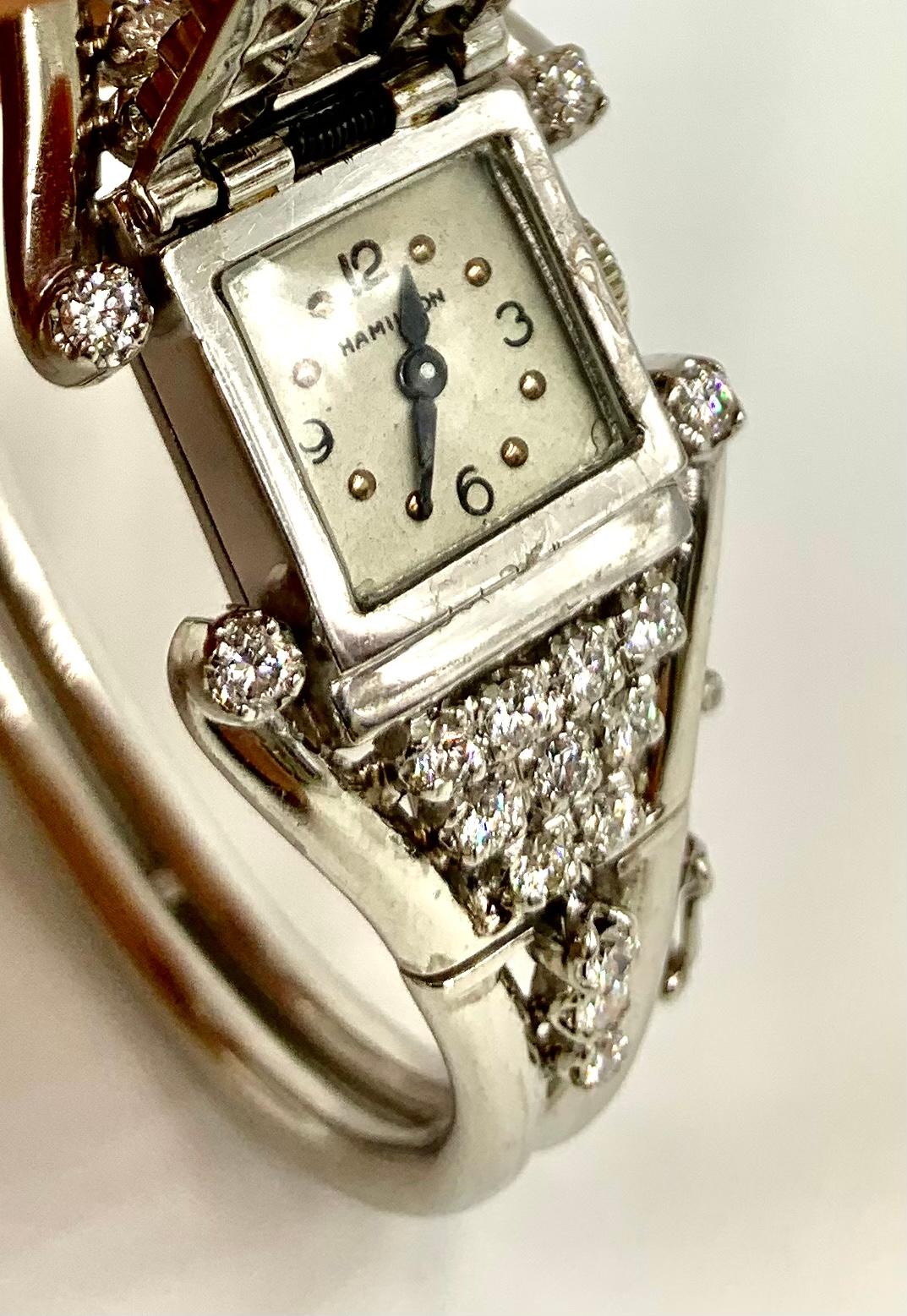 Art Deco Diamond Platinum Bracelet with Concealed Miniature Hamilton Watch In Good Condition For Sale In New York, NY