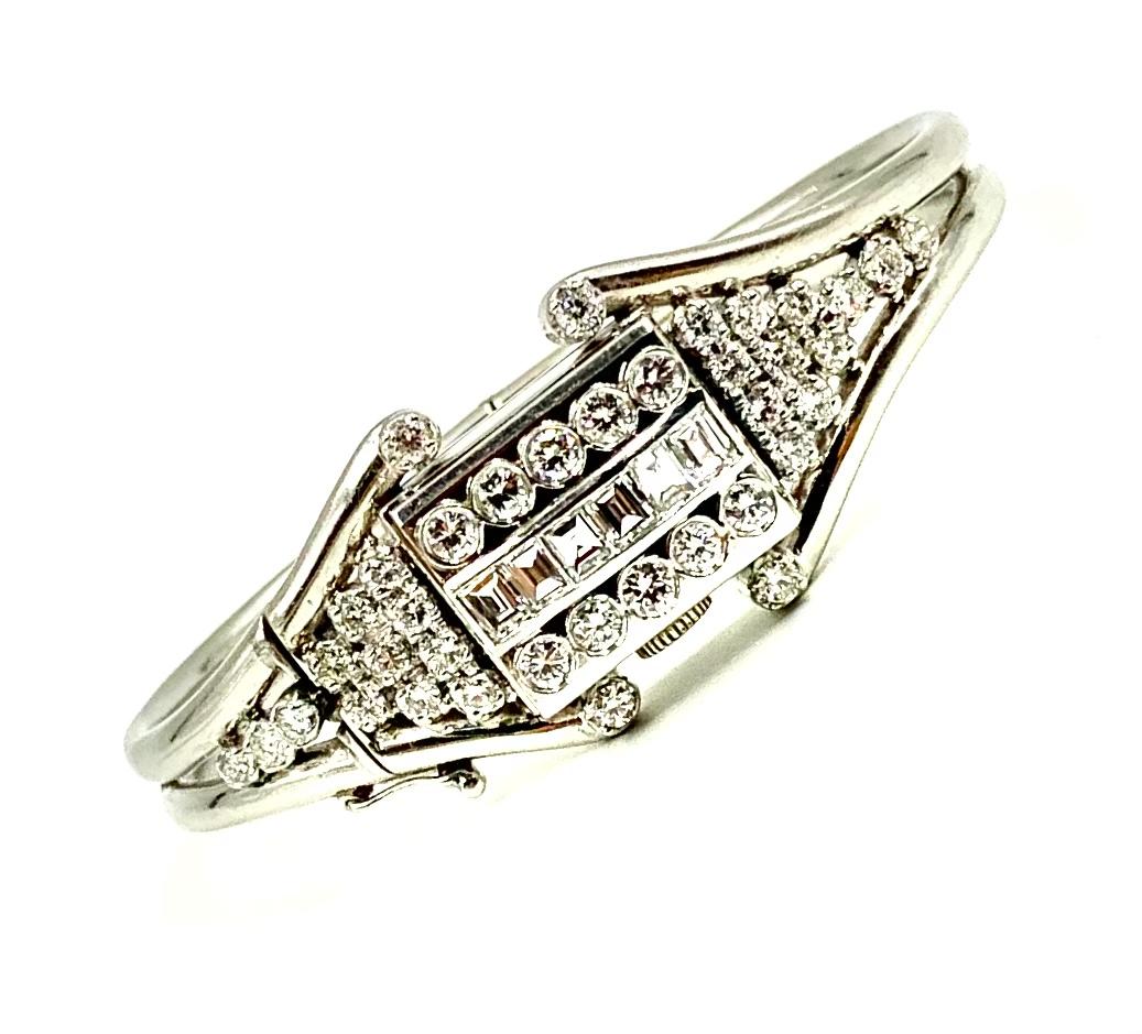 Women's or Men's Art Deco Diamond Platinum Bracelet with Concealed Miniature Hamilton Watch For Sale
