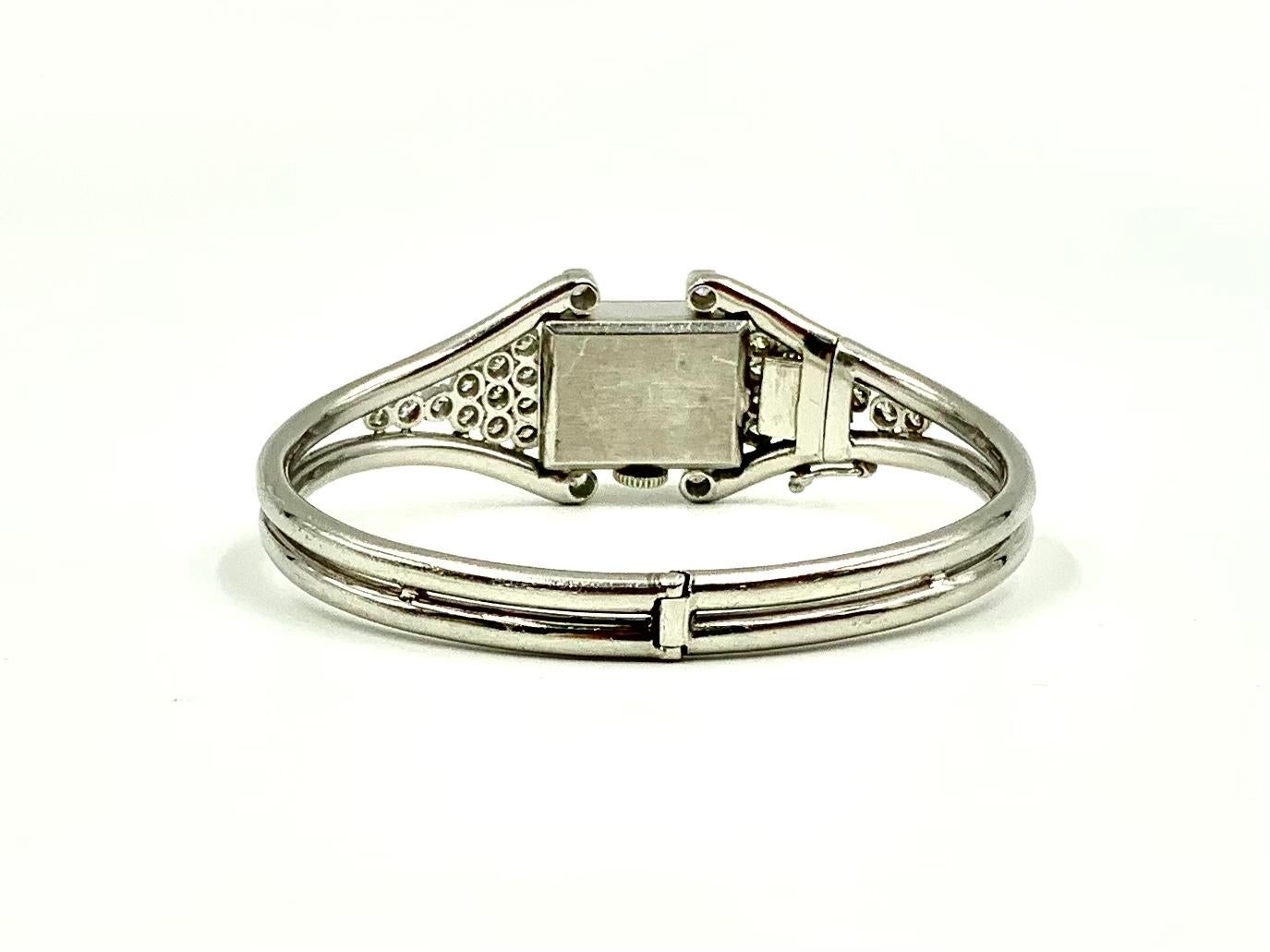Art Deco Diamond Platinum Bracelet with Concealed Miniature Hamilton Watch For Sale 2