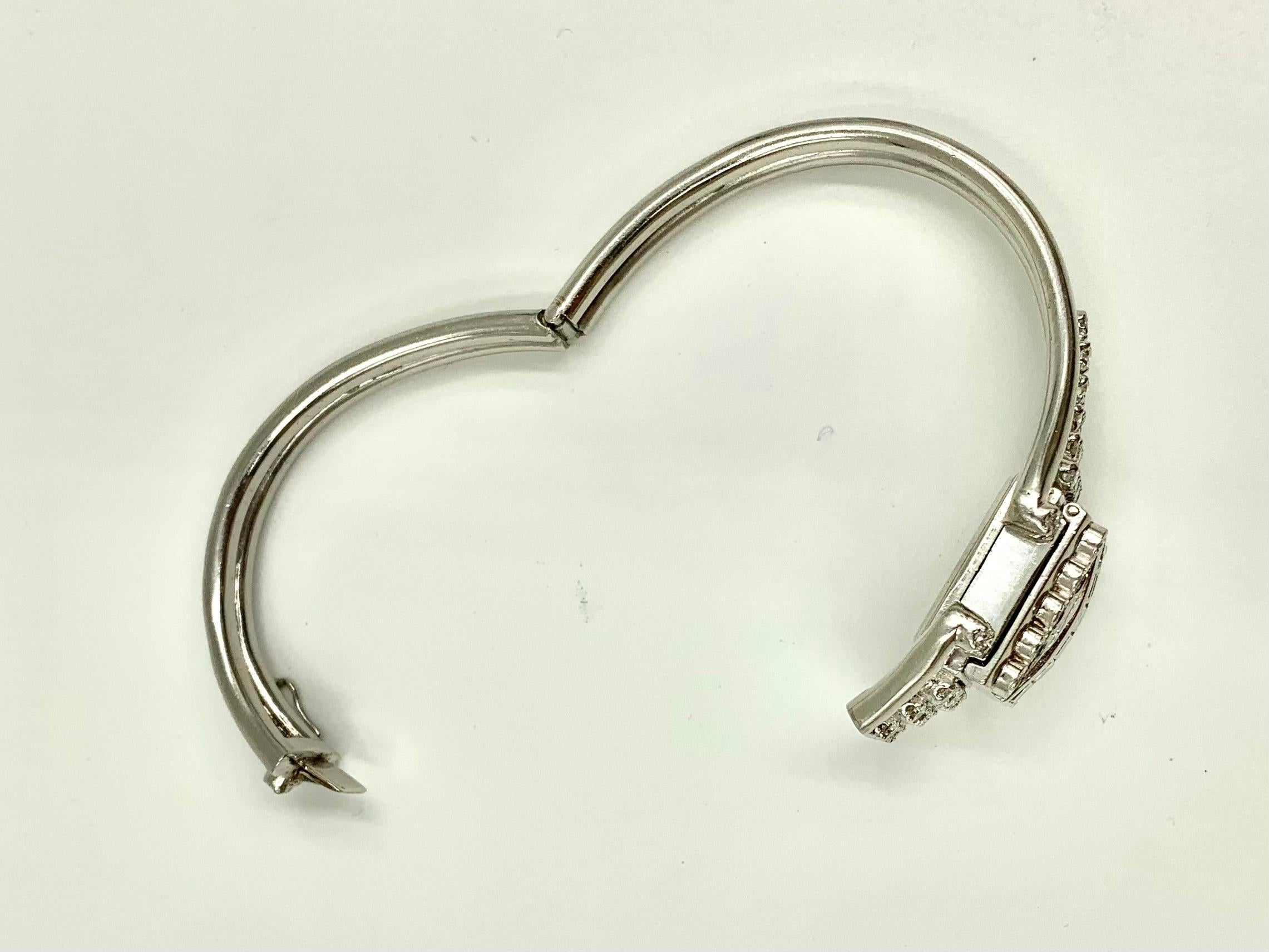 Art Deco Diamond Platinum Bracelet with Concealed Miniature Hamilton Watch For Sale 4