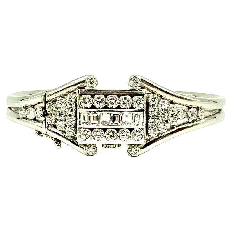 Art Deco Diamond Platinum Bracelet with Concealed Miniature Hamilton Watch For Sale