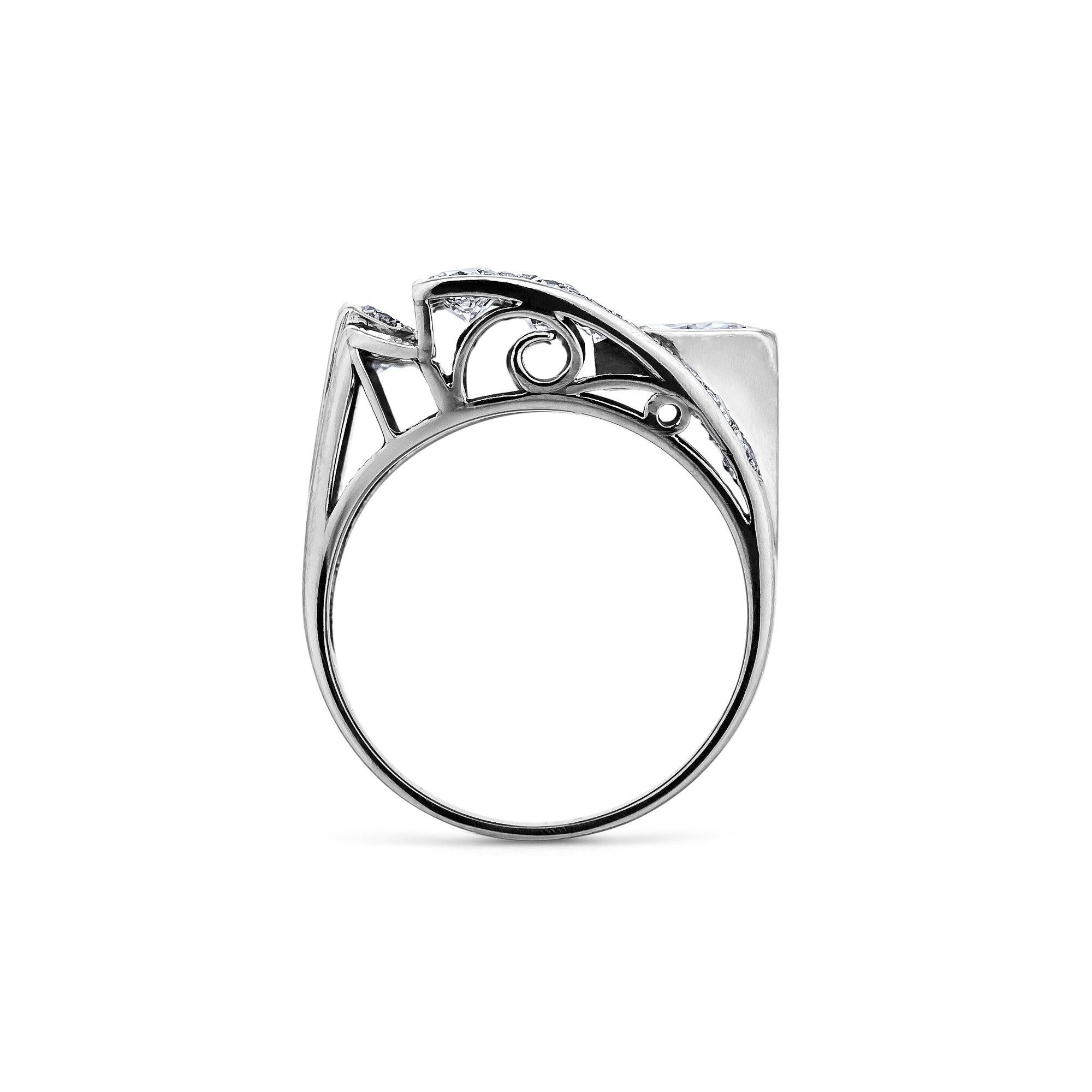 Round Cut Art Deco Diamond Platinum Buckle Style Ring