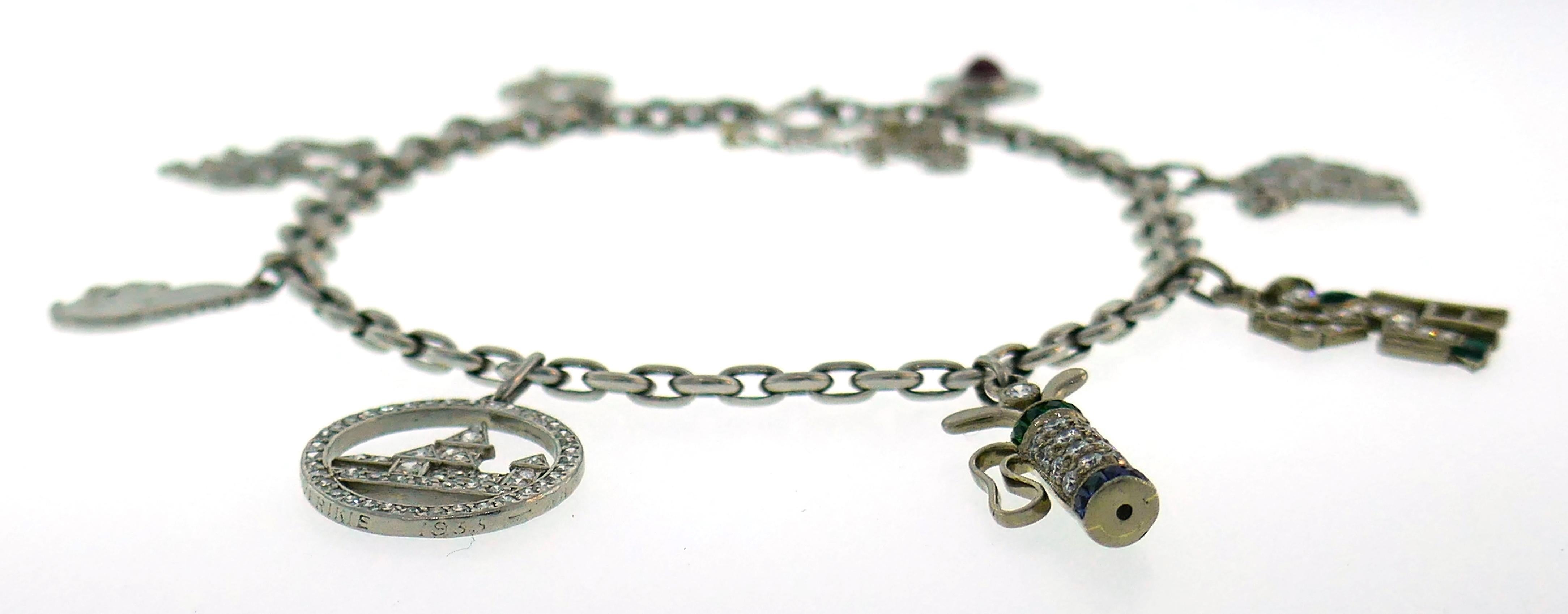 Art Deco Diamond Platinum Charm Bracelet with Gemstones and Enamel In Good Condition In Beverly Hills, CA