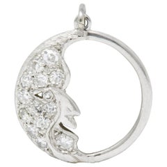 Art Deco Diamond Platinum Crescent Man-In-The-Moon Charm