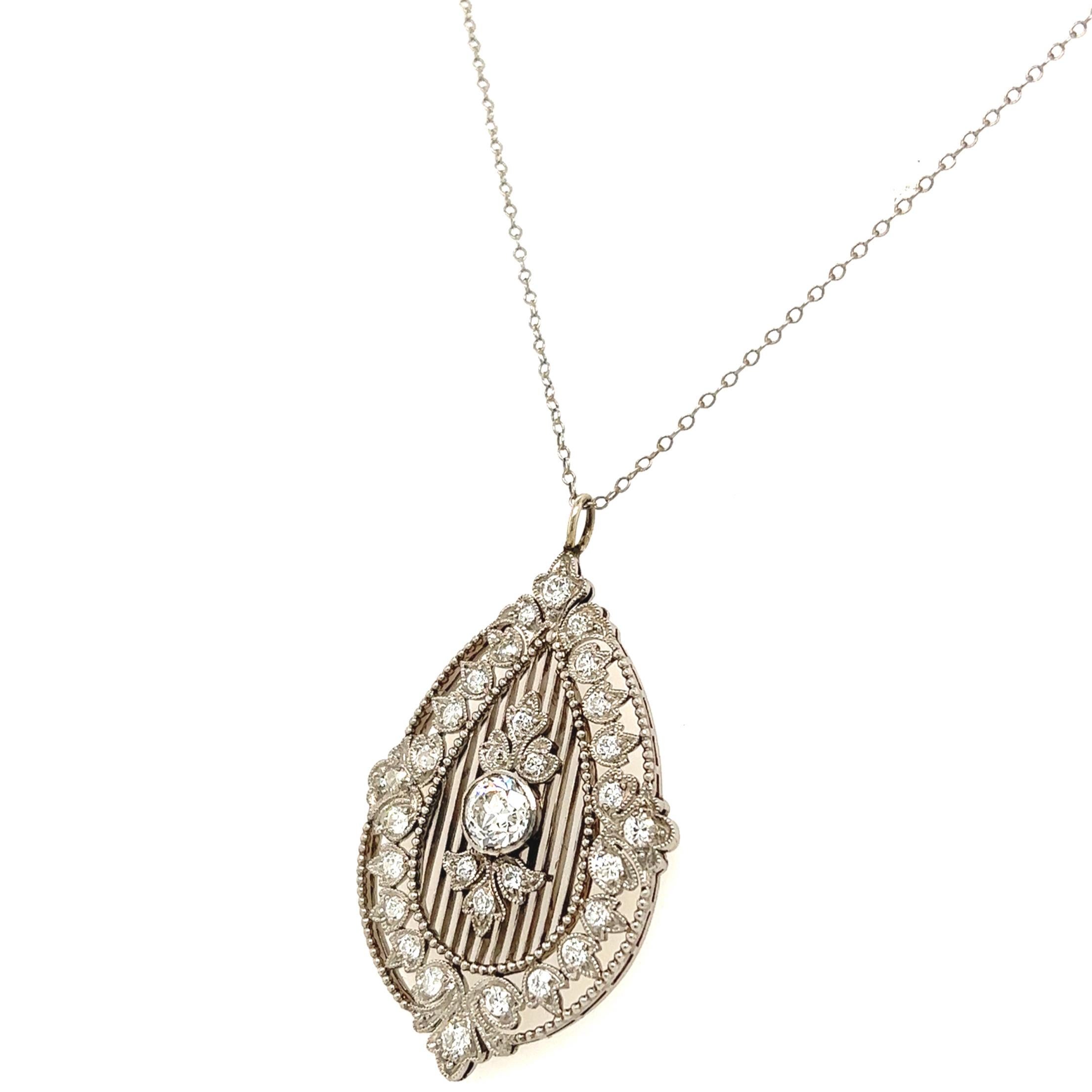 Old Mine Cut Art Deco Diamond & Platinum Detailed Pendant Necklace