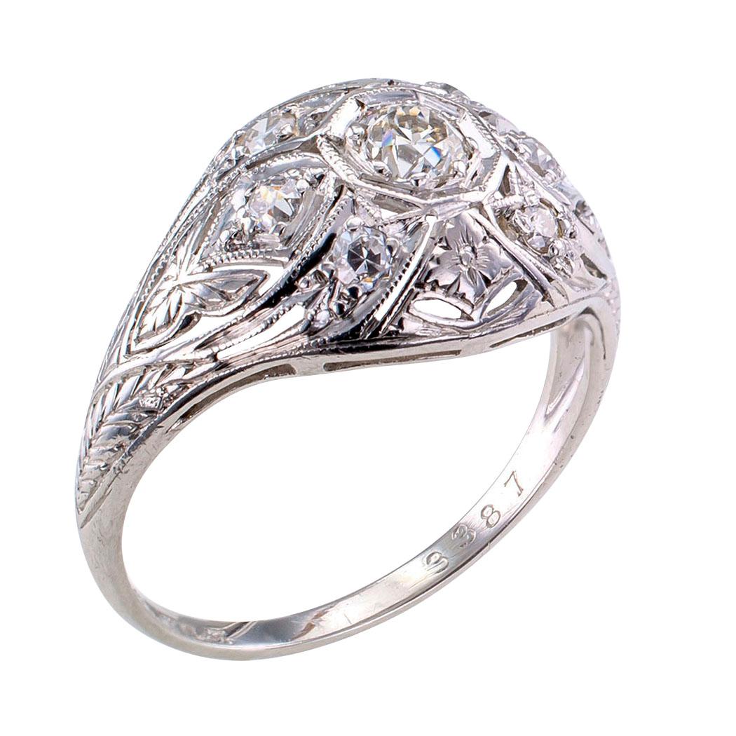 Round Cut Art Deco Diamond Platinum Dome Ring