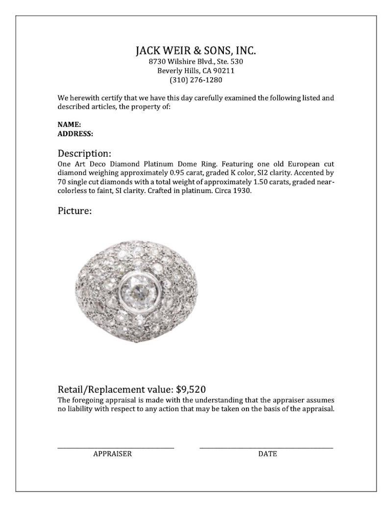 Art Deco Diamond Platinum Dome Ring For Sale 2