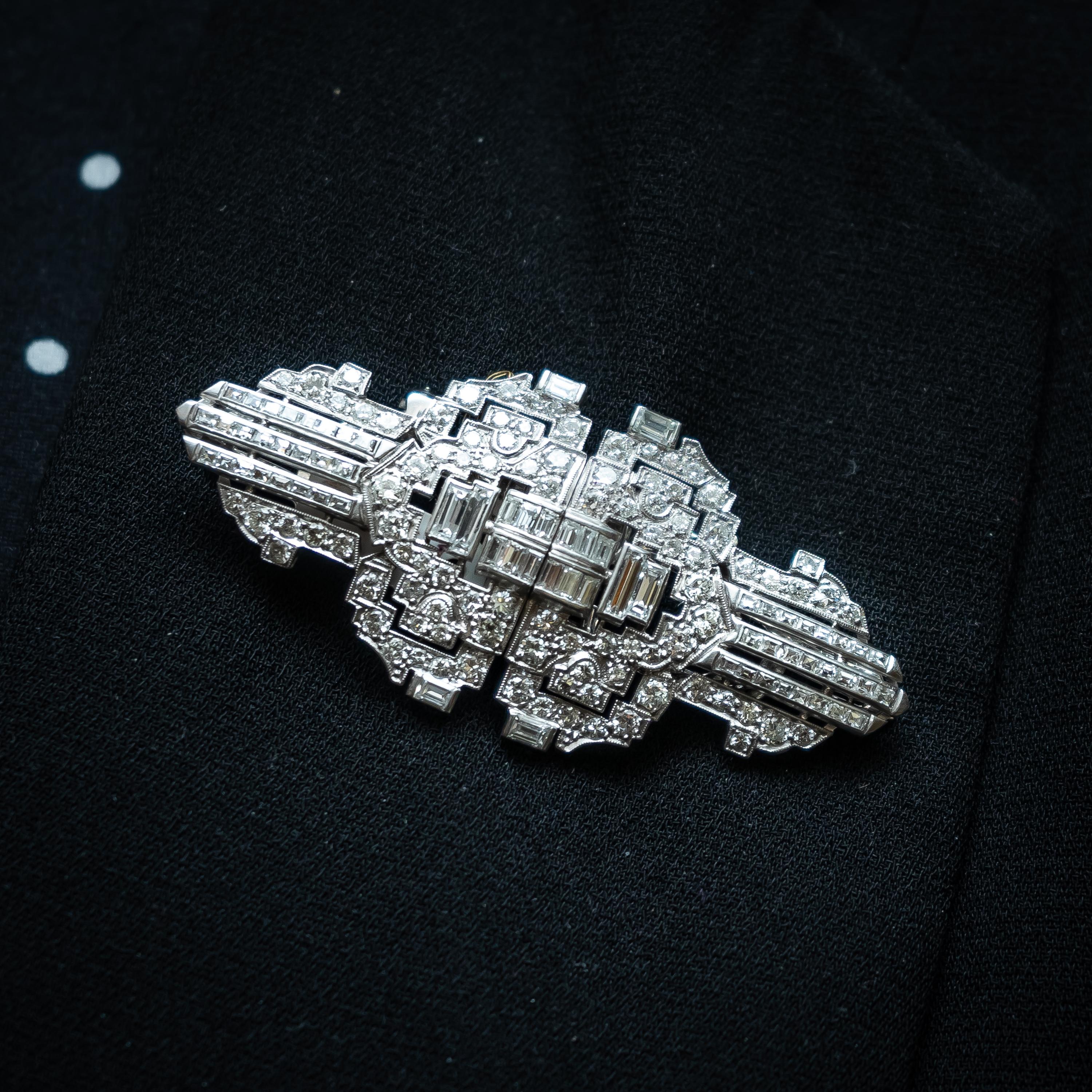 Brilliant Cut Art Deco Diamond Platinum Double Clip Brooch