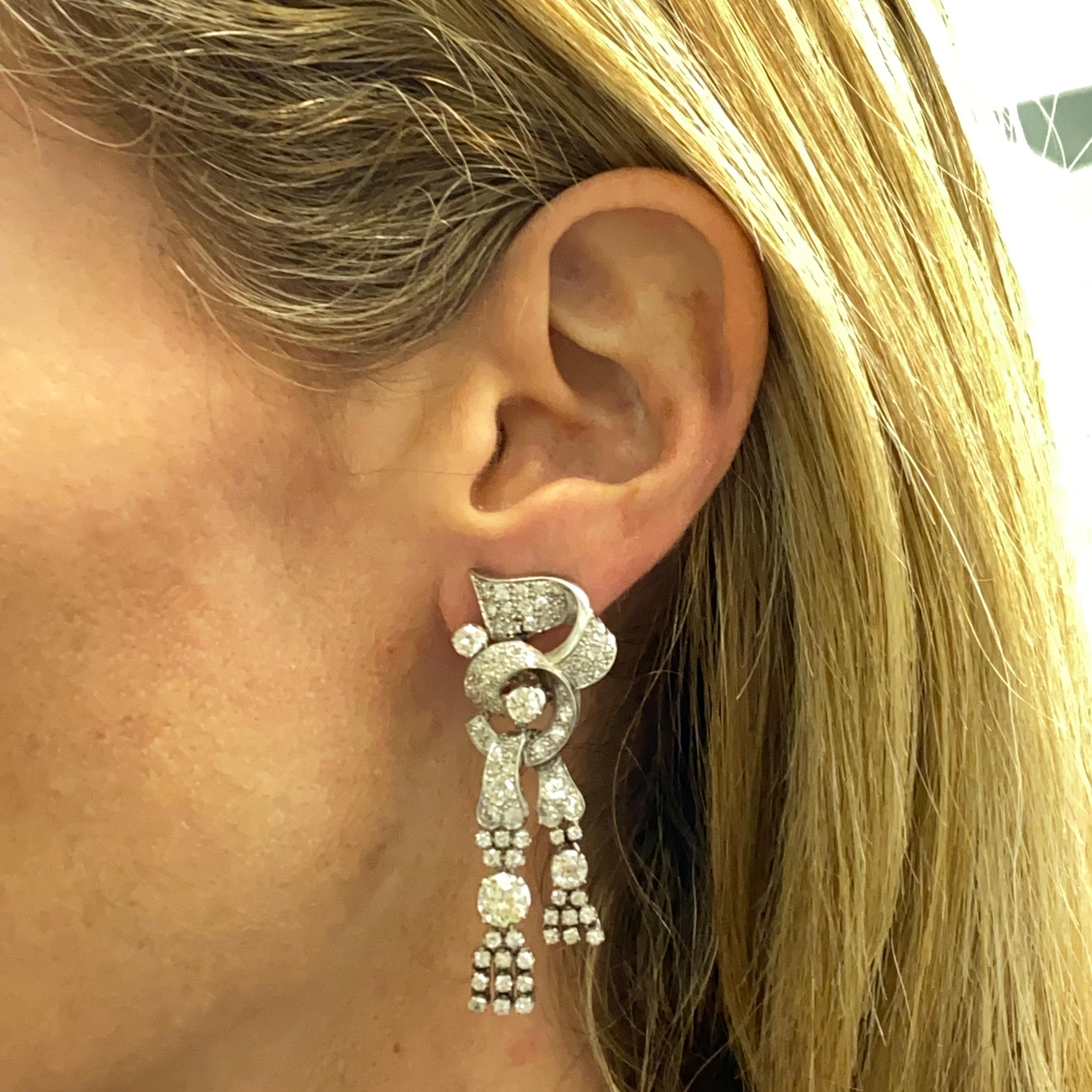 Old European Cut Art Deco Diamond Platinum Drop Dangle Earrings
