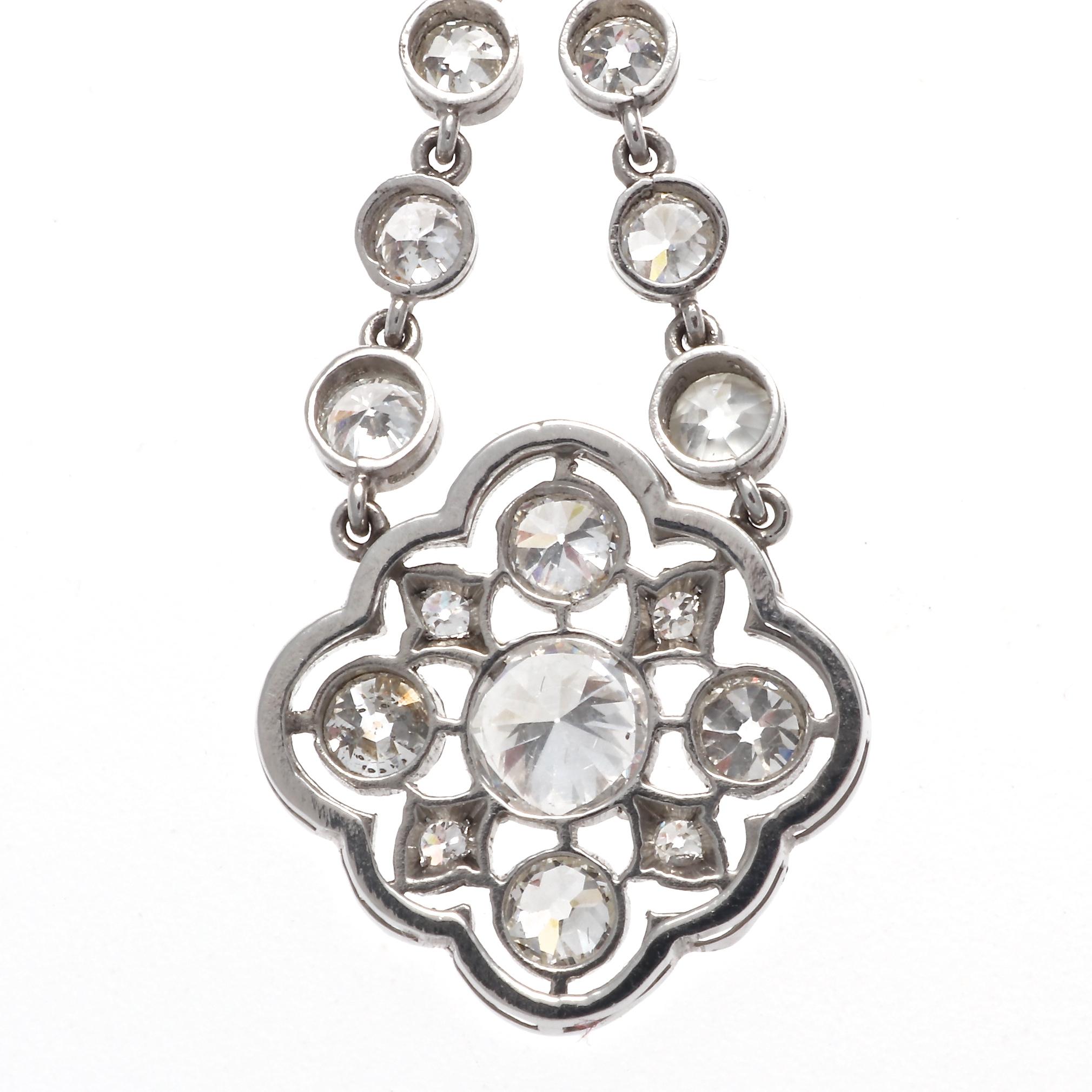Round Cut Art Deco Style Diamond Platinum Drop Earrings