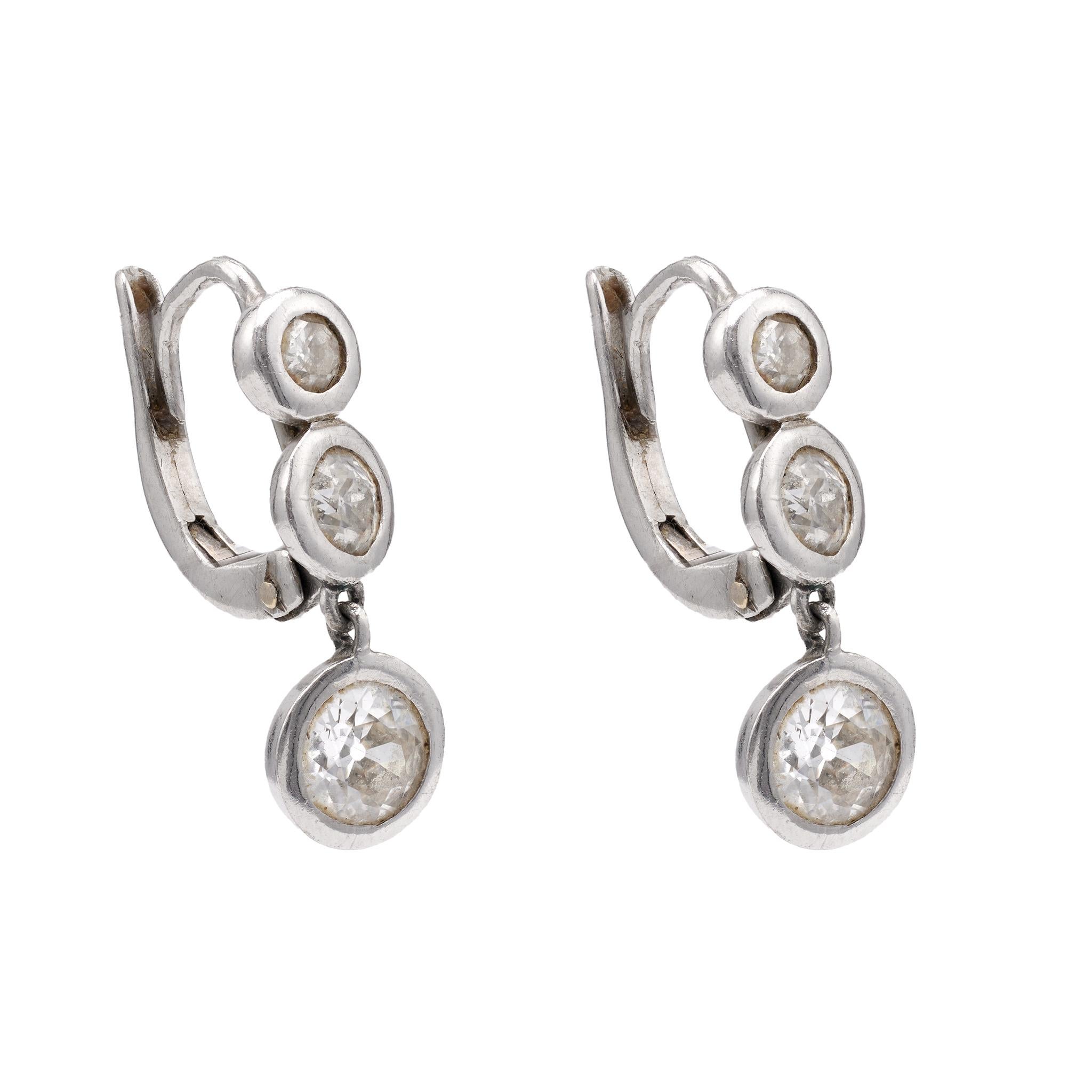 Women's or Men's Art Deco Diamond Platinum Drop Earrings For Sale