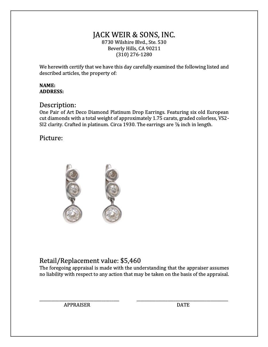Art Deco Diamond Platinum Drop Earrings For Sale 1