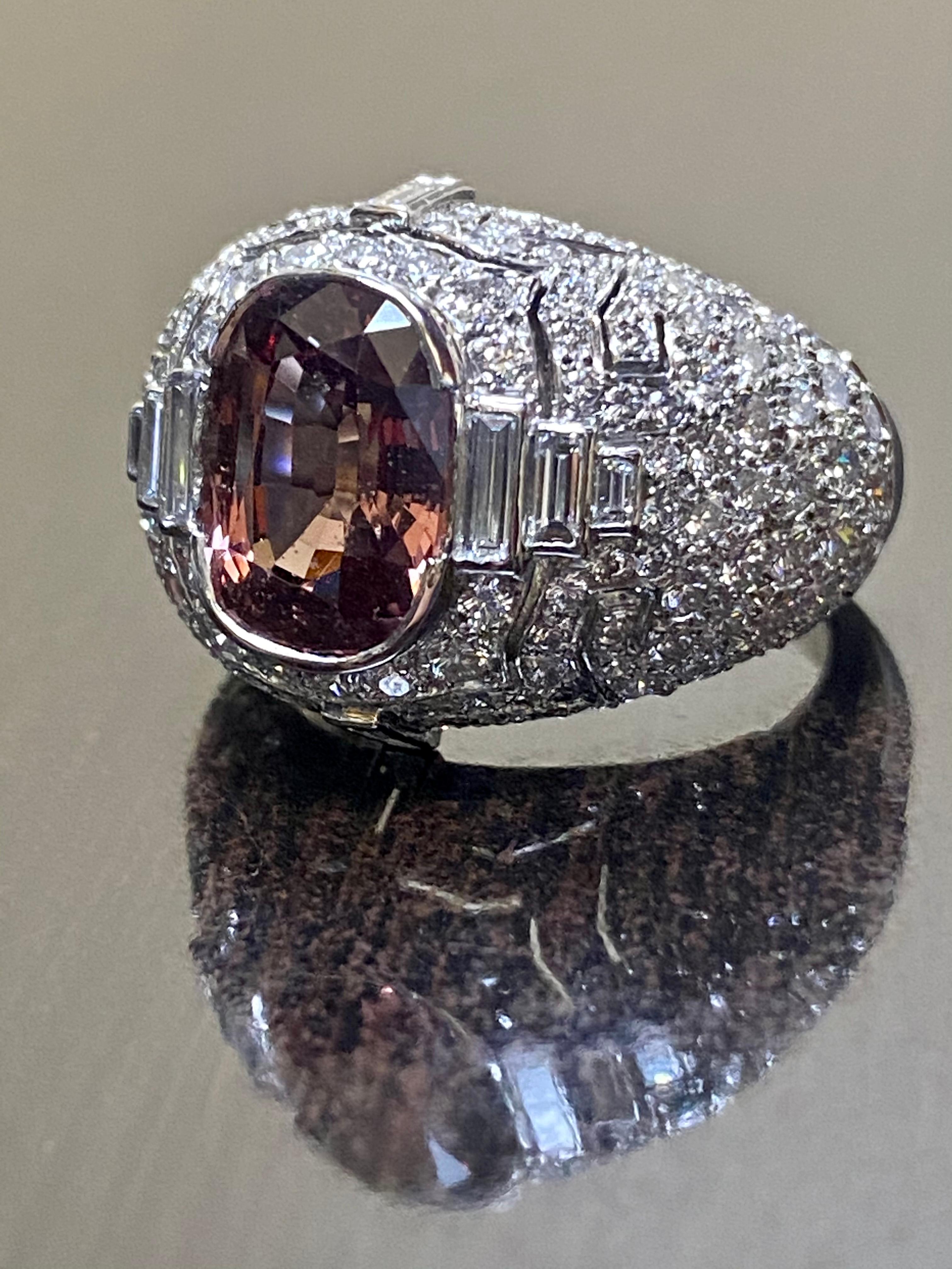 Art Deco Diamond Platinum Elongated Cushion Cut Color Change Garnet Ring For Sale 7