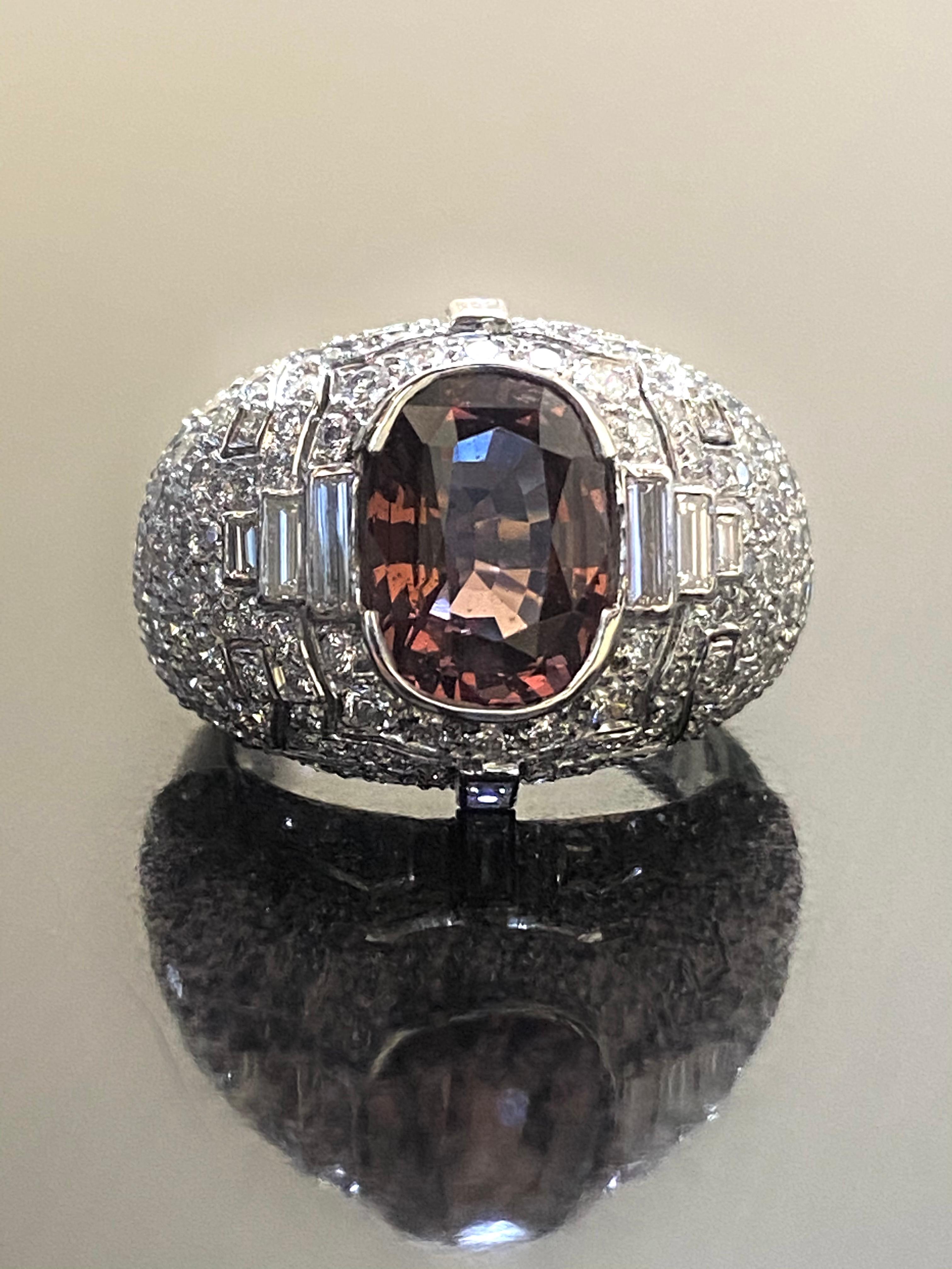 Art Deco Diamond Platinum Elongated Cushion Cut Color Change Garnet Ring For Sale 8