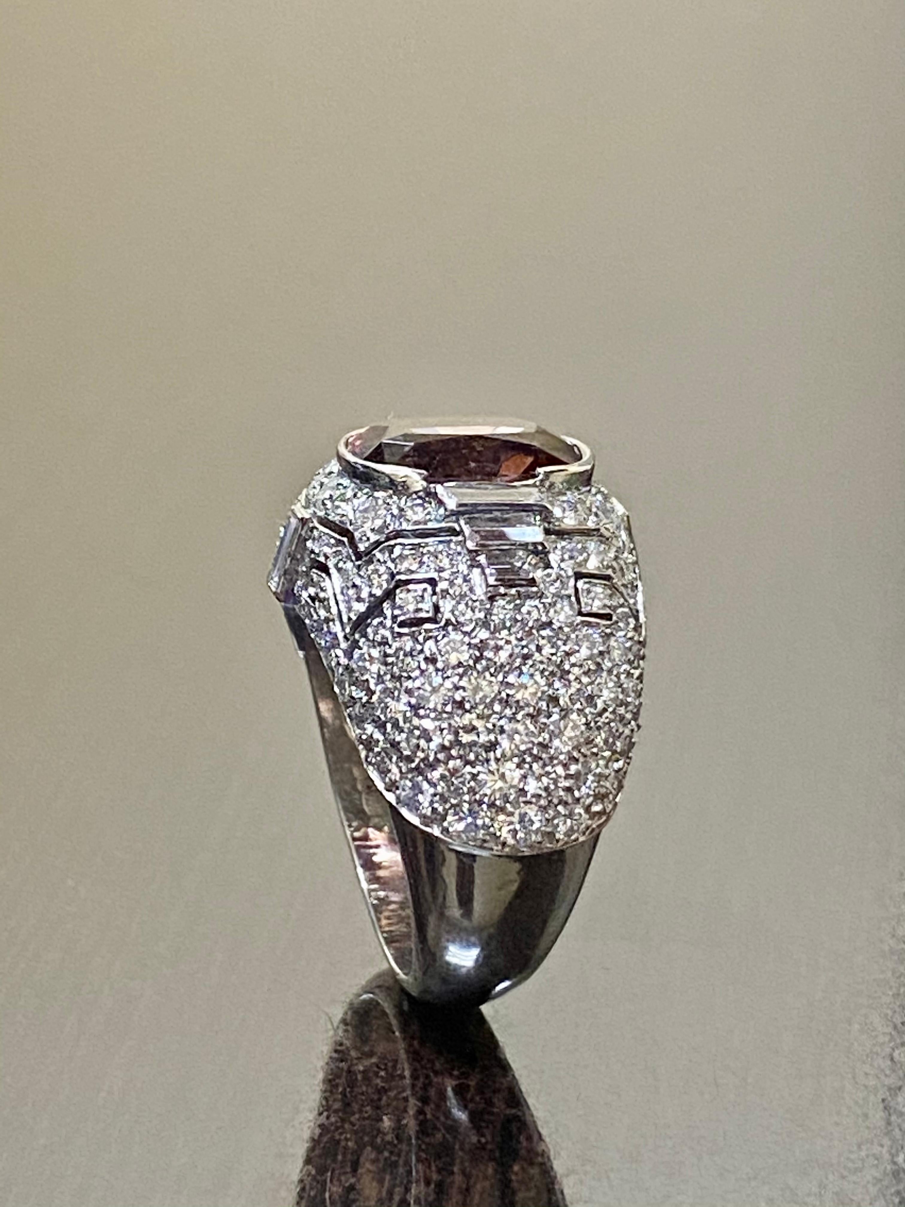 Art Deco Diamond Platinum Elongated Cushion Cut Color Change Garnet Ring For Sale 1