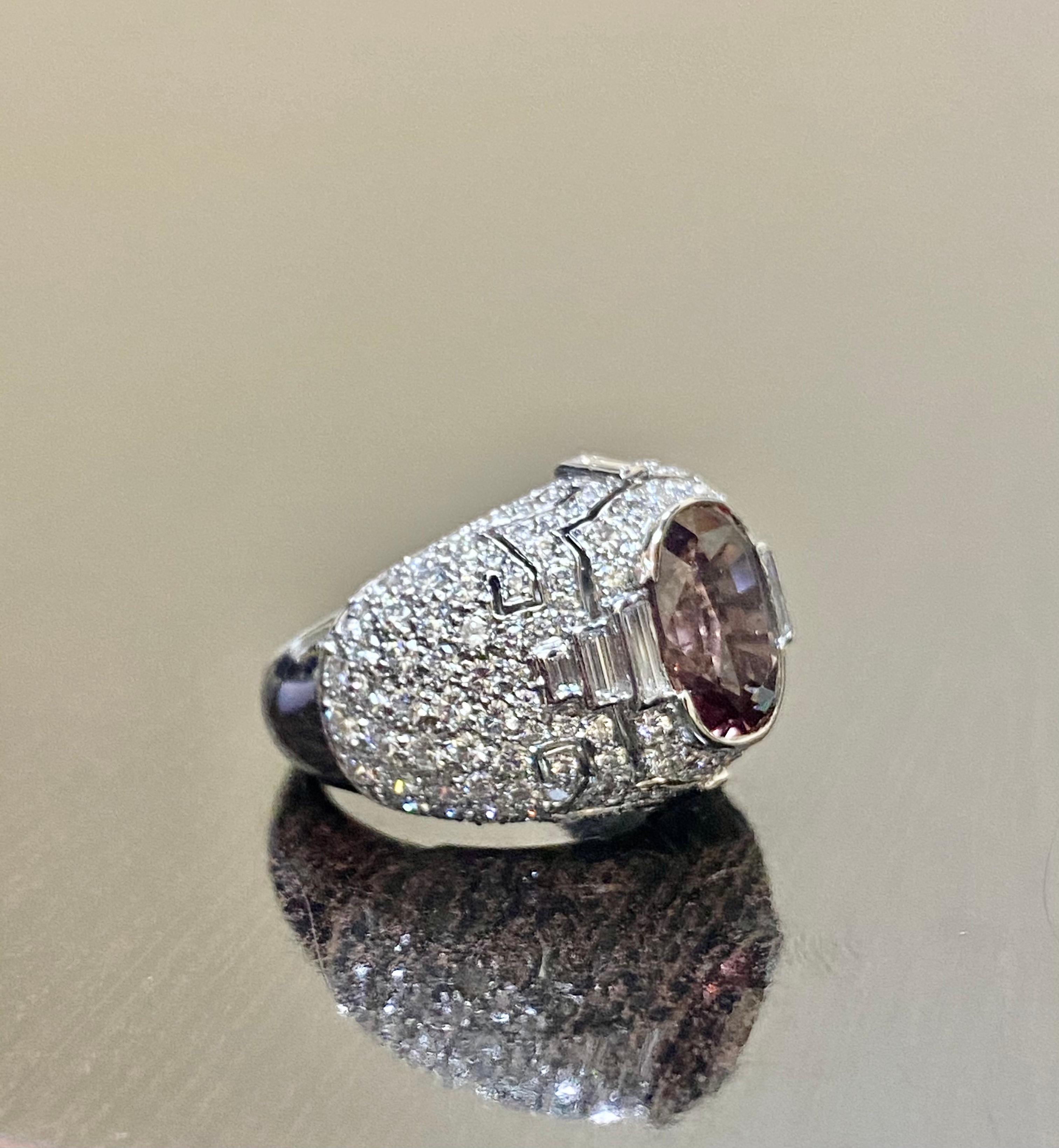 Art Deco Diamond Platinum Elongated Cushion Cut Color Change Garnet Ring For Sale 3