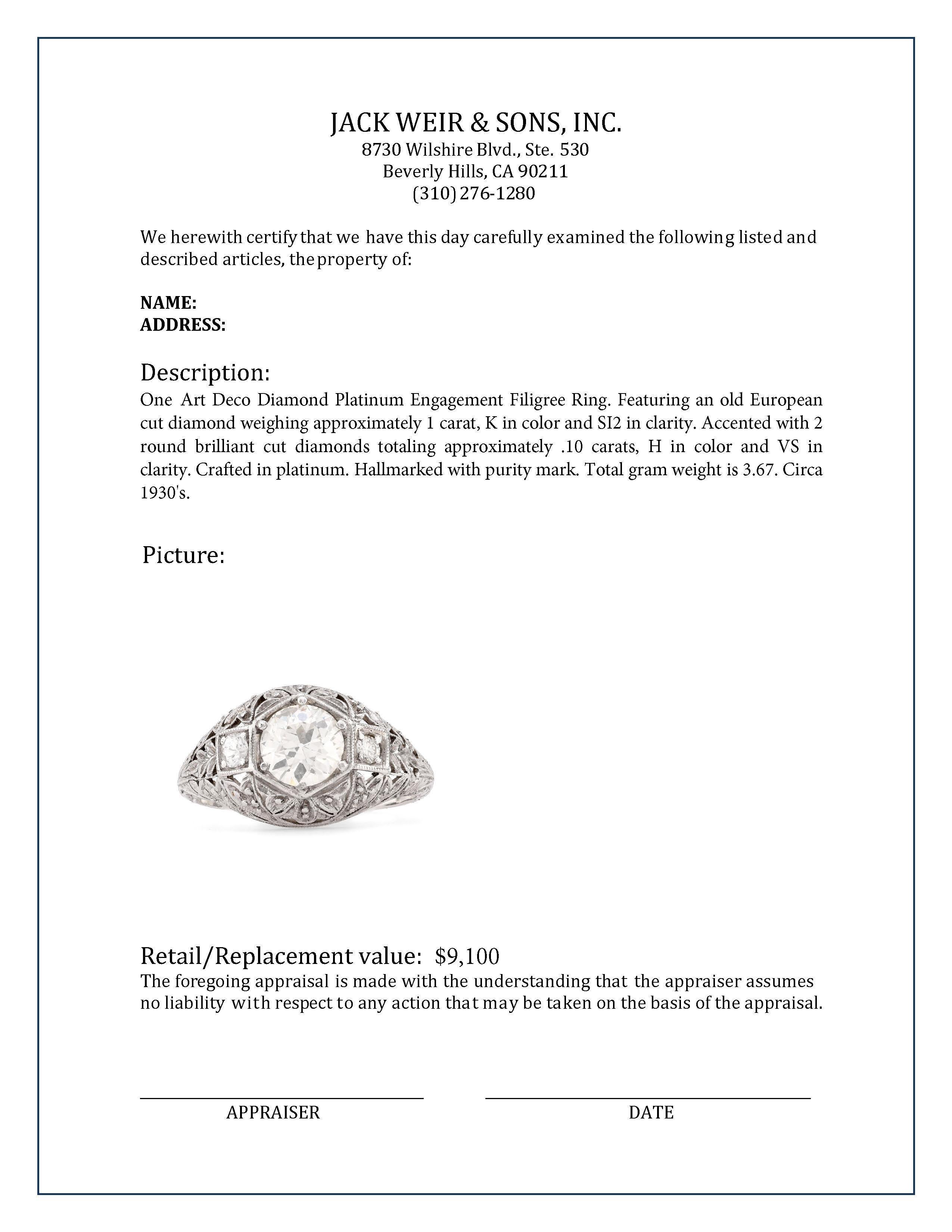 Filigraner Art Deco Diamant-Platin-Verlobungsring im Zustand „Hervorragend“ in Beverly Hills, CA
