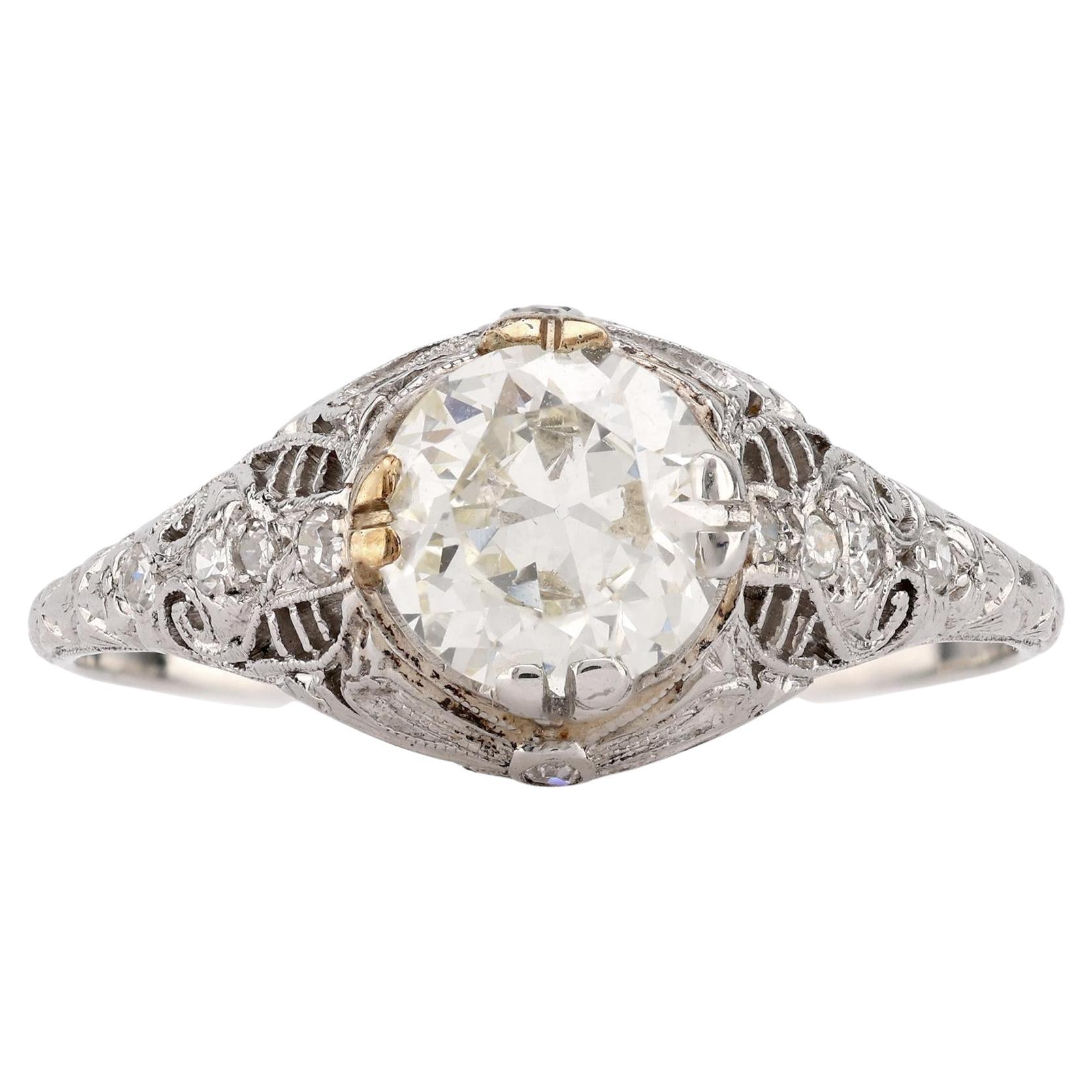 Art Deco Diamond Platinum Engagement Filigree Ring For Sale at 1stDibs
