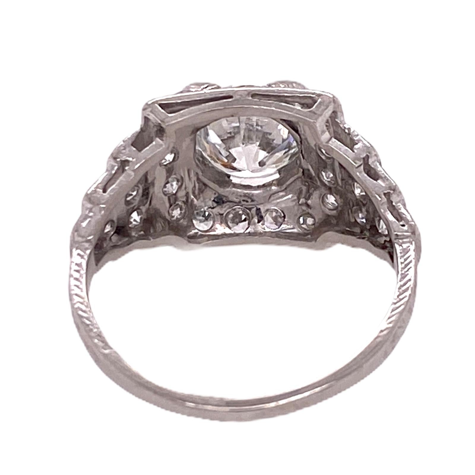 Old European Cut Art Deco Diamond Platinum Engagement Ring 1.36 Old European Diamond GIA J/SI1