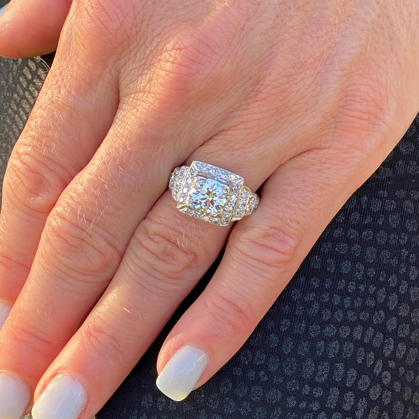 Art Deco Diamond Platinum Engagement Ring 1.36 Old European Diamond GIA J/SI1 In Excellent Condition In Boca Raton, FL
