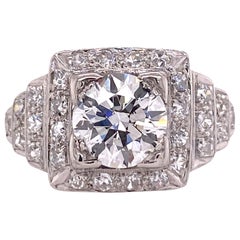 Art Deco Diamond Platinum Engagement Ring 1.36 Old European Diamond GIA J/SI1